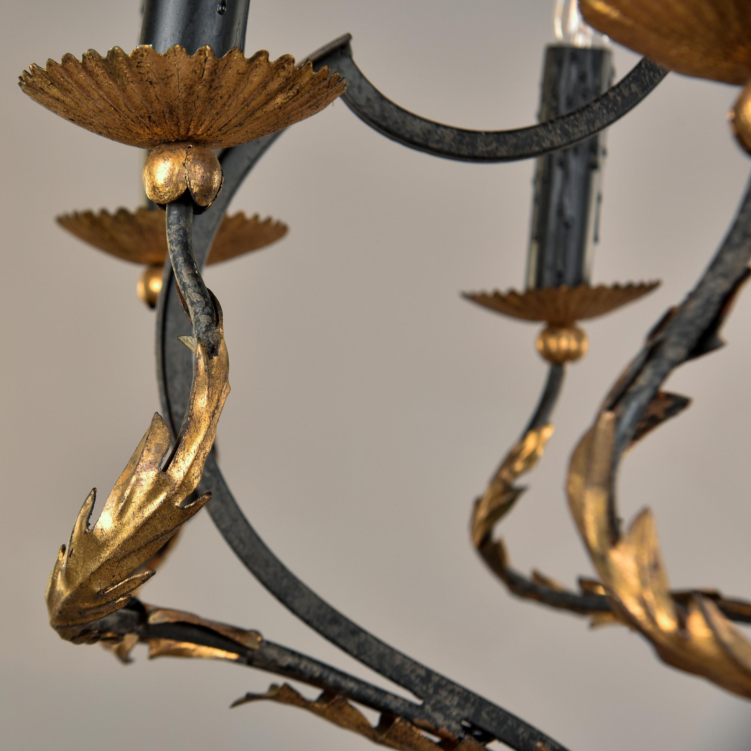 Metal Vintage Italian Black and Gilt Tole Eight Light Chandelier For Sale