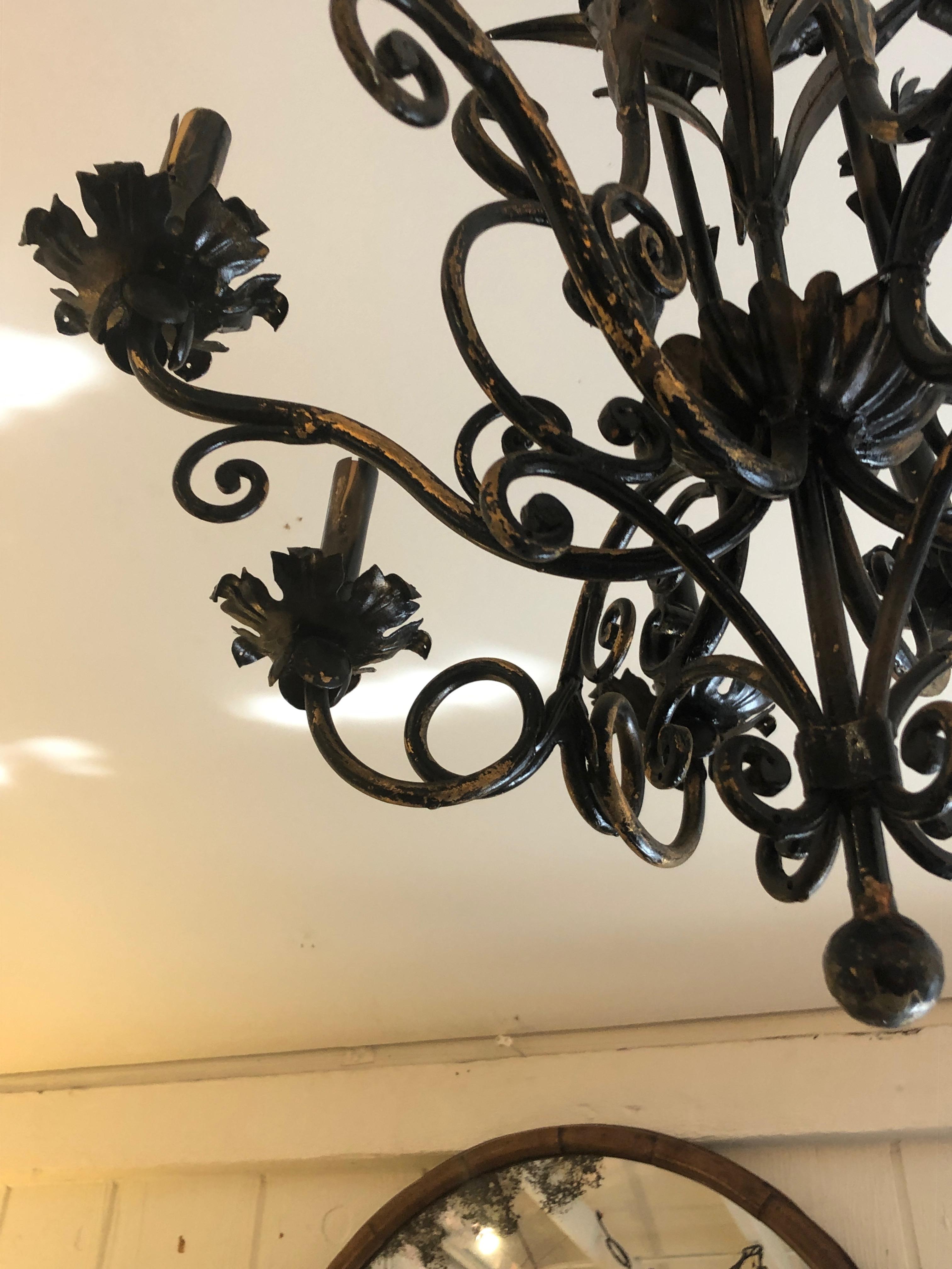 Gilt Vintage Italian Black and Gold Iron Tole Chandelier For Sale