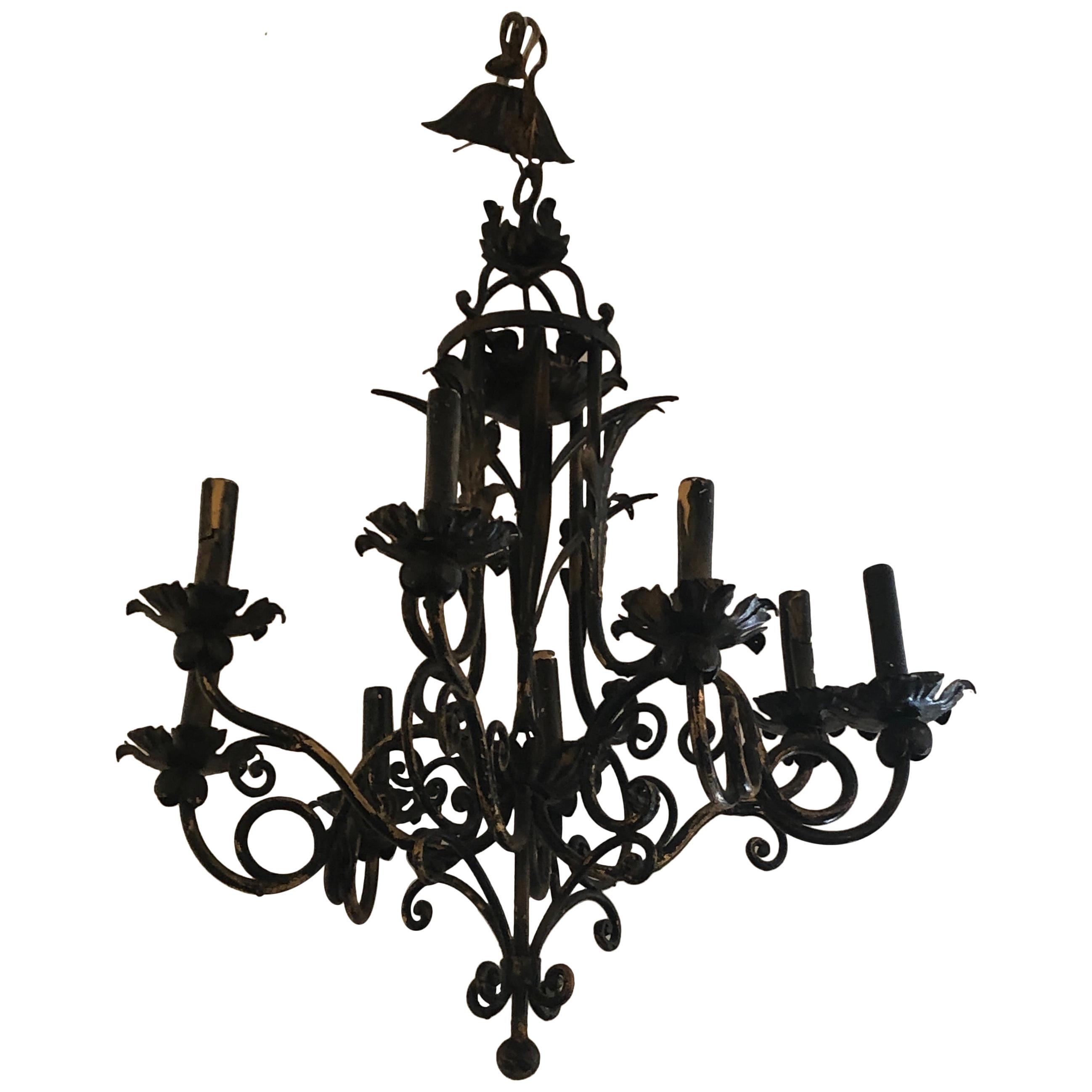 Vintage Italian Black and Gold Iron Tole Chandelier