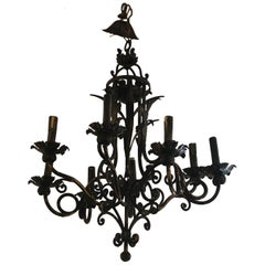 Retro Italian Black and Gold Iron Tole Chandelier