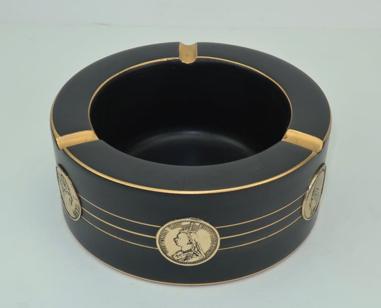 Vintage Italian Black Ceramic Ashtray With Gold Coin Motif at 1stDibs