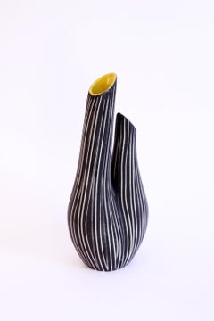 Vintage Italian Black Ceramic Double Neck Amorphous "Rigato" with Yellow Collar