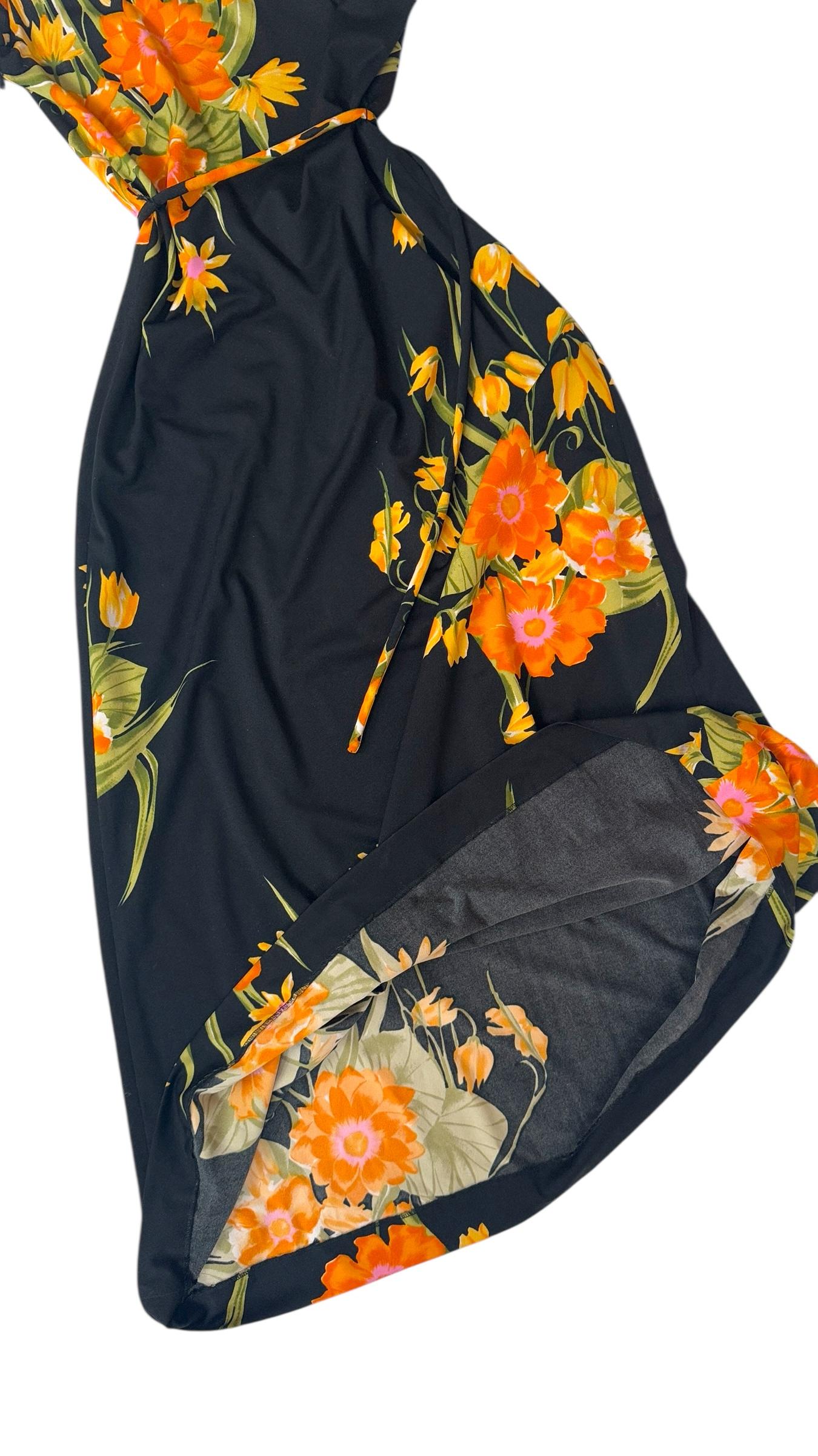 Maxi Vestido Vintage Italiano Floral Negro en Viscosa con Lazo en la Cintura en venta 5