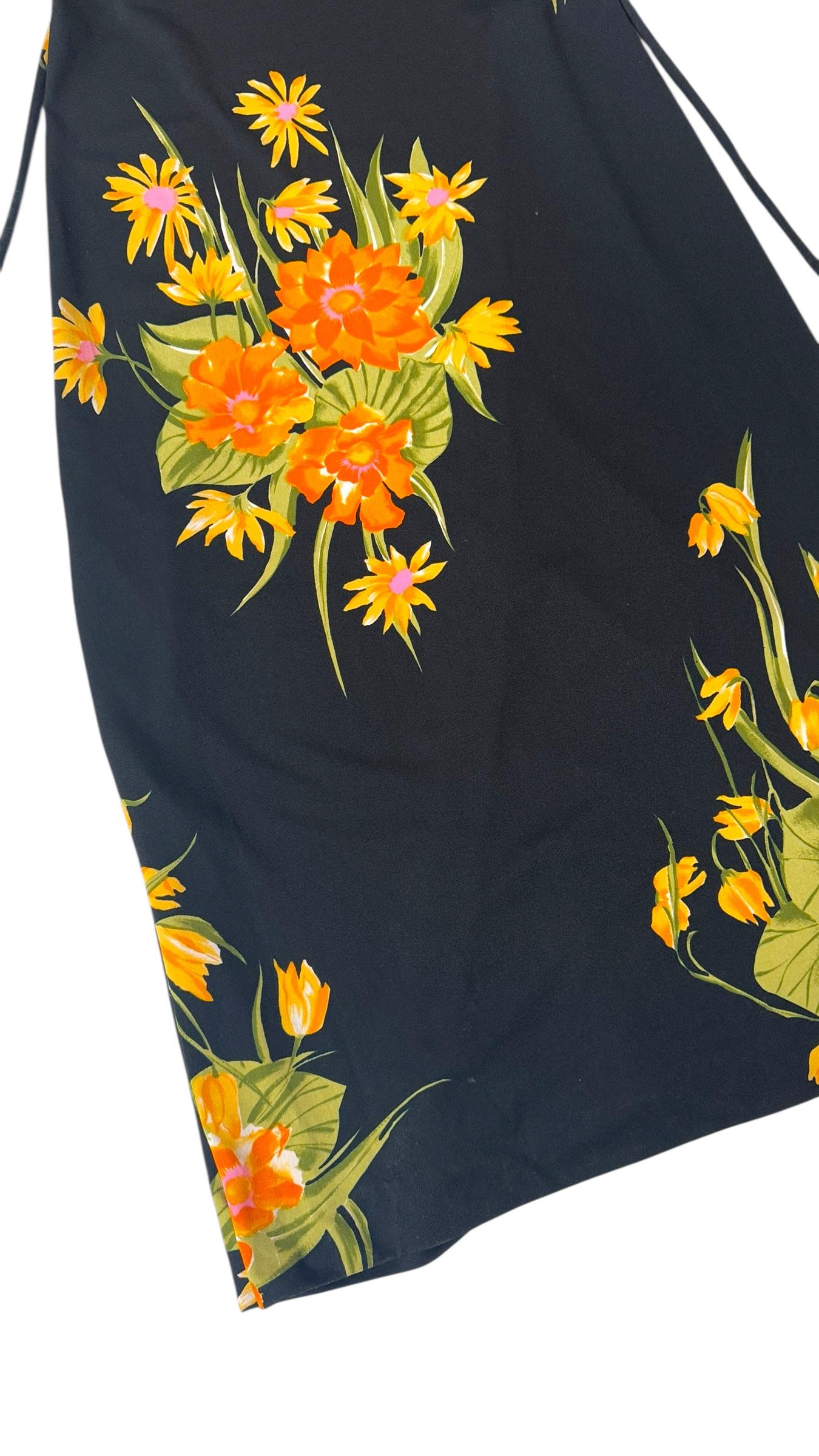 Maxi Vestido Vintage Italiano Floral Negro en Viscosa con Lazo en la Cintura en venta 9