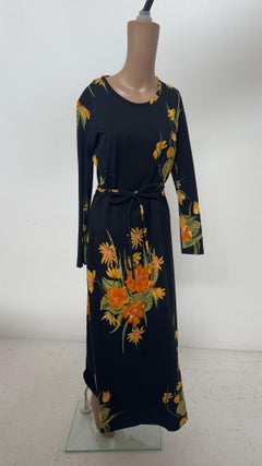 Vintage Italian Black Floral Maxi Dress in Viscose with Waist Tie