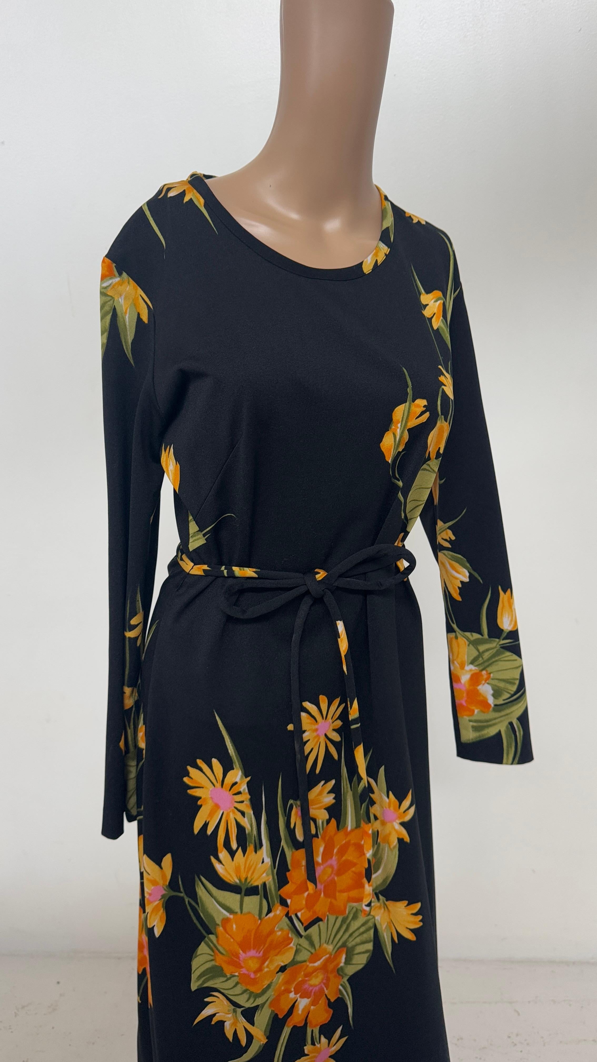 Maxi Vestido Vintage Italiano Floral Negro en Viscosa con Lazo en la Cintura Black en venta