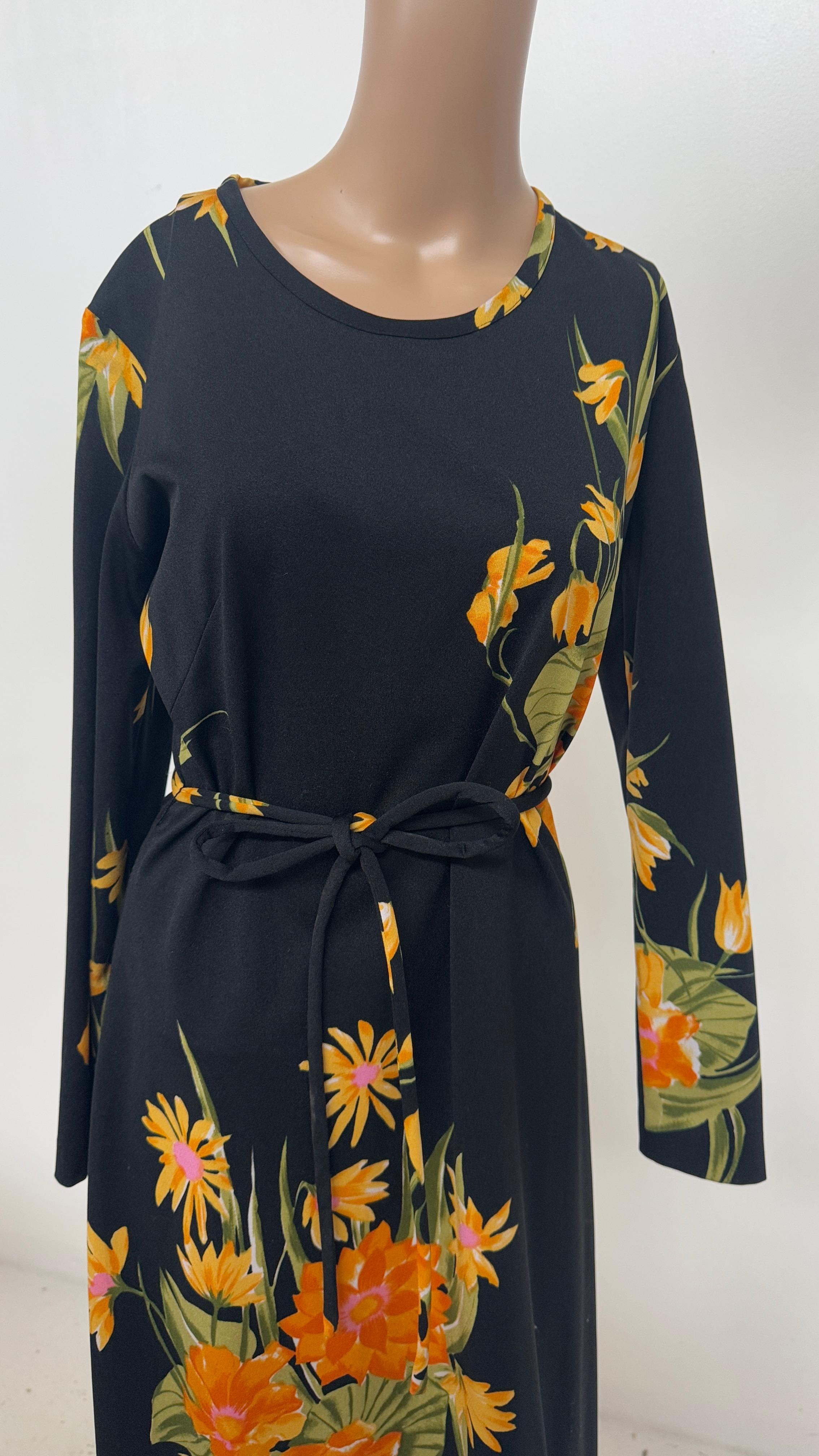 De las mujeres Maxi Vestido Vintage Italiano Floral Negro en Viscosa con Lazo en la Cintura en venta