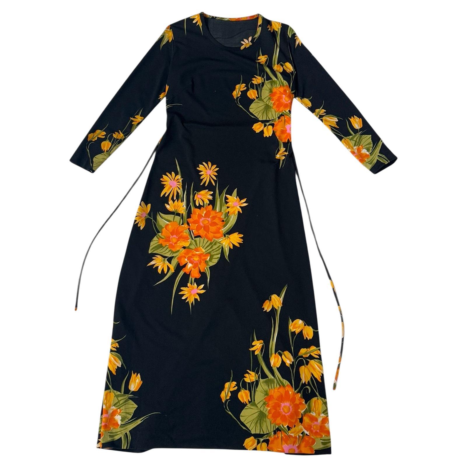 Vintage Italian Black Floral Maxi Dress in Viscose with Waist Tie