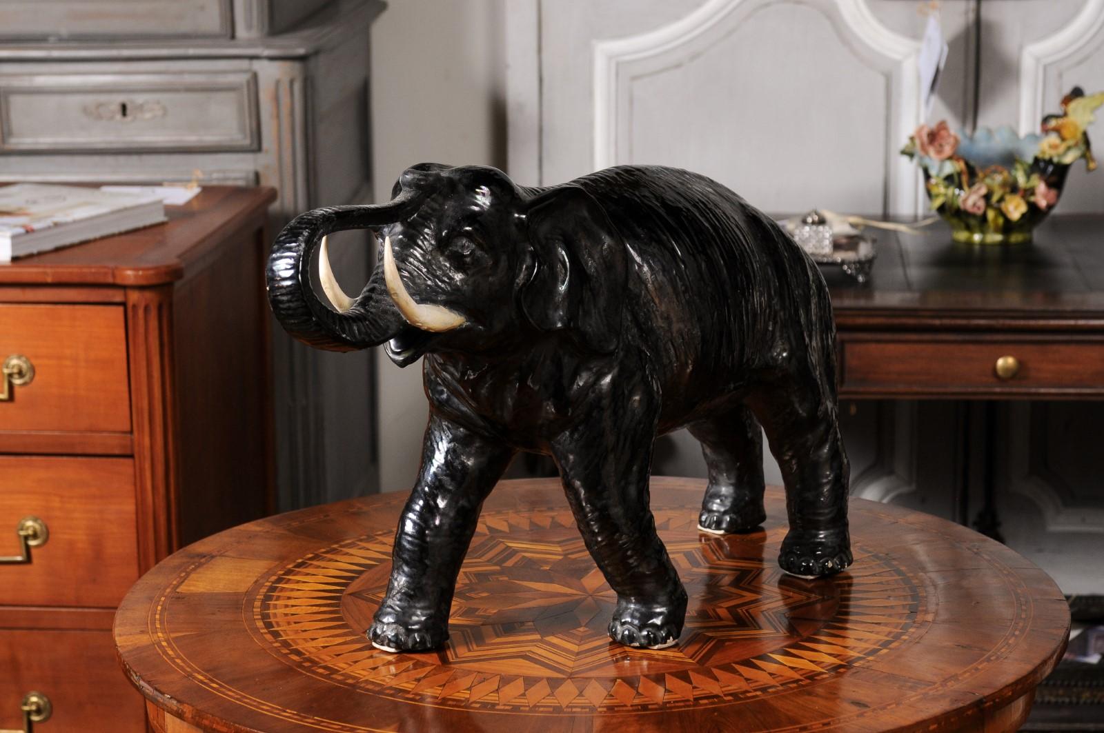 Vintage Italian Black Glazed Ceramic Sculpture of a Walking Elephant, Trunk Up For Sale 5