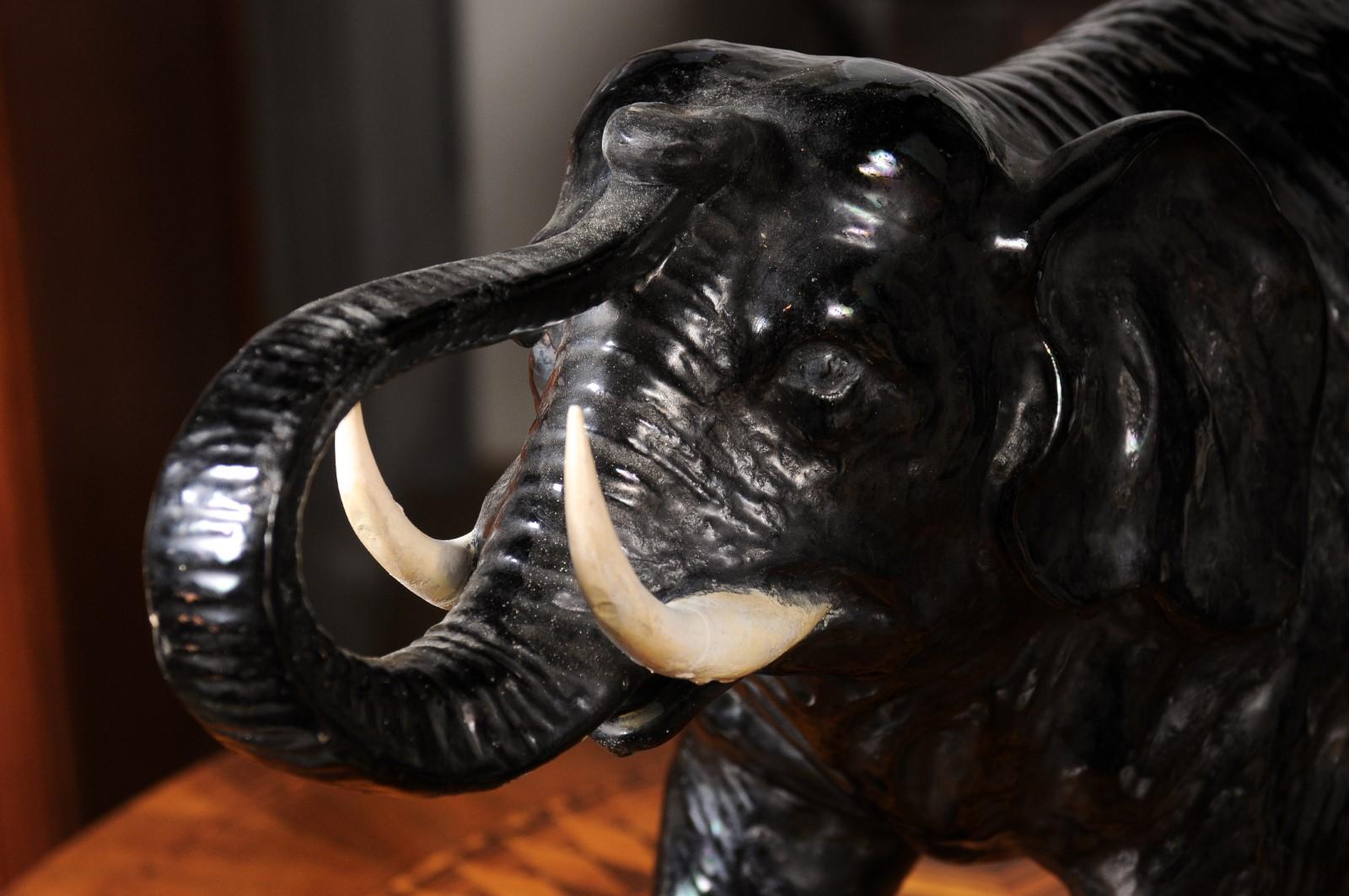 Vintage Italian Black Glazed Ceramic Sculpture of a Walking Elephant, Trunk Up For Sale 6