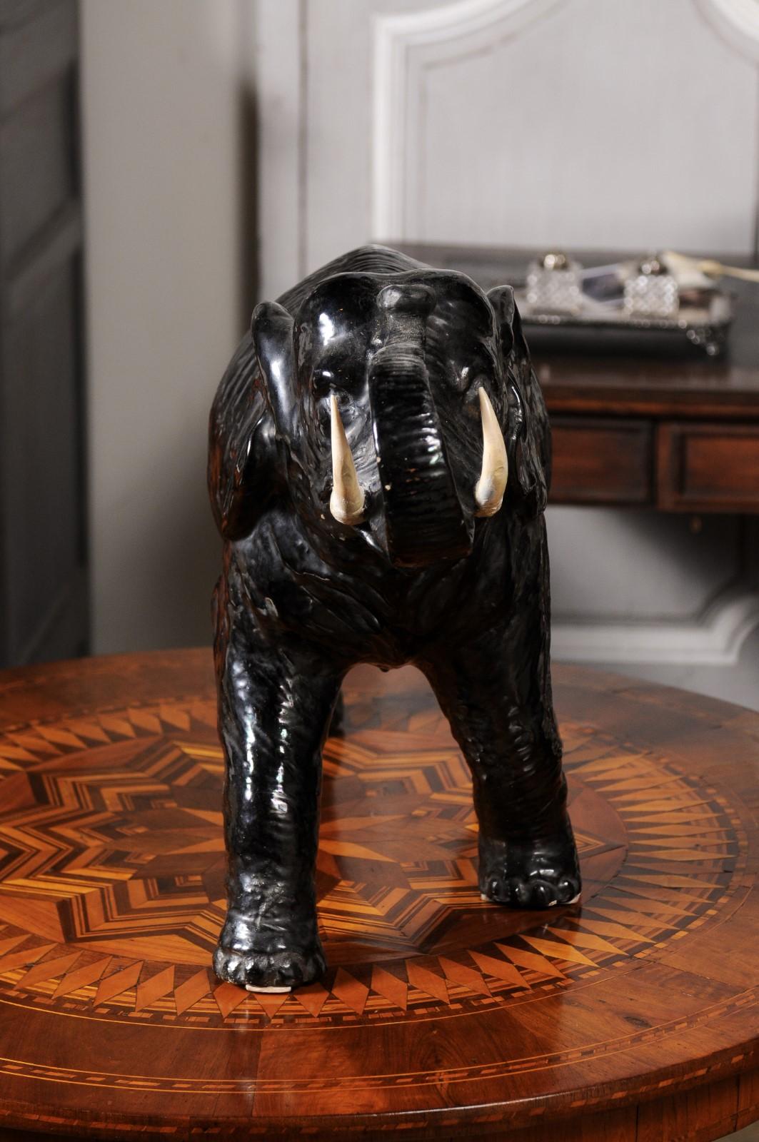Vintage Italian Black Glazed Ceramic Sculpture of a Walking Elephant, Trunk Up For Sale 7