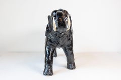 Vintage Italian Black Glazed Ceramic Sculpture of a Walking Elephant, Trunk Up