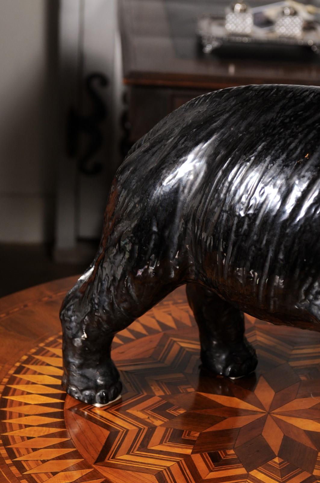 Vintage Italian Black Glazed Ceramic Sculpture of a Walking Elephant, Trunk Up In Good Condition For Sale In Atlanta, GA