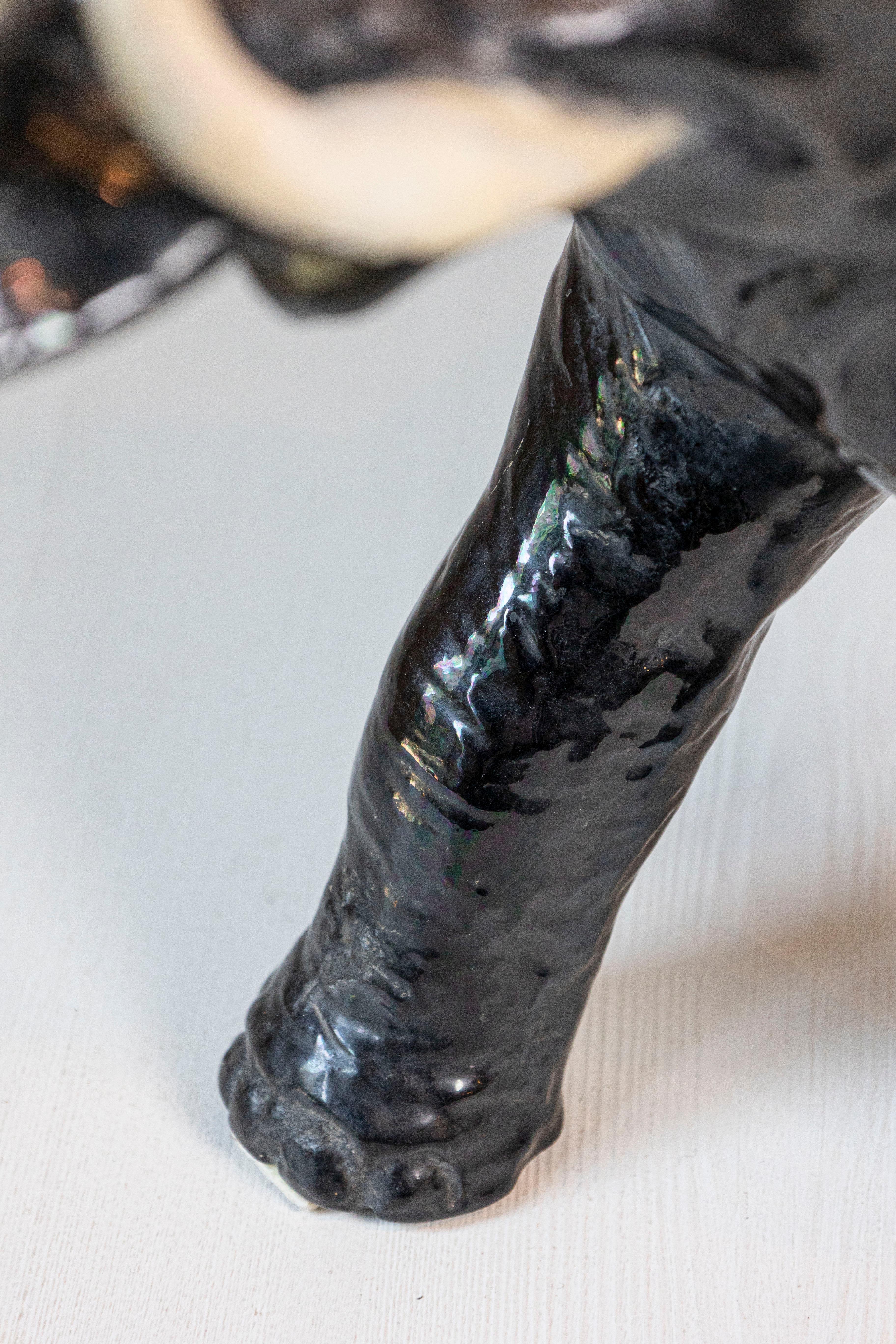 Vintage Italian Black Glazed Ceramic Sculpture of a Walking Elephant, Trunk Up For Sale 1