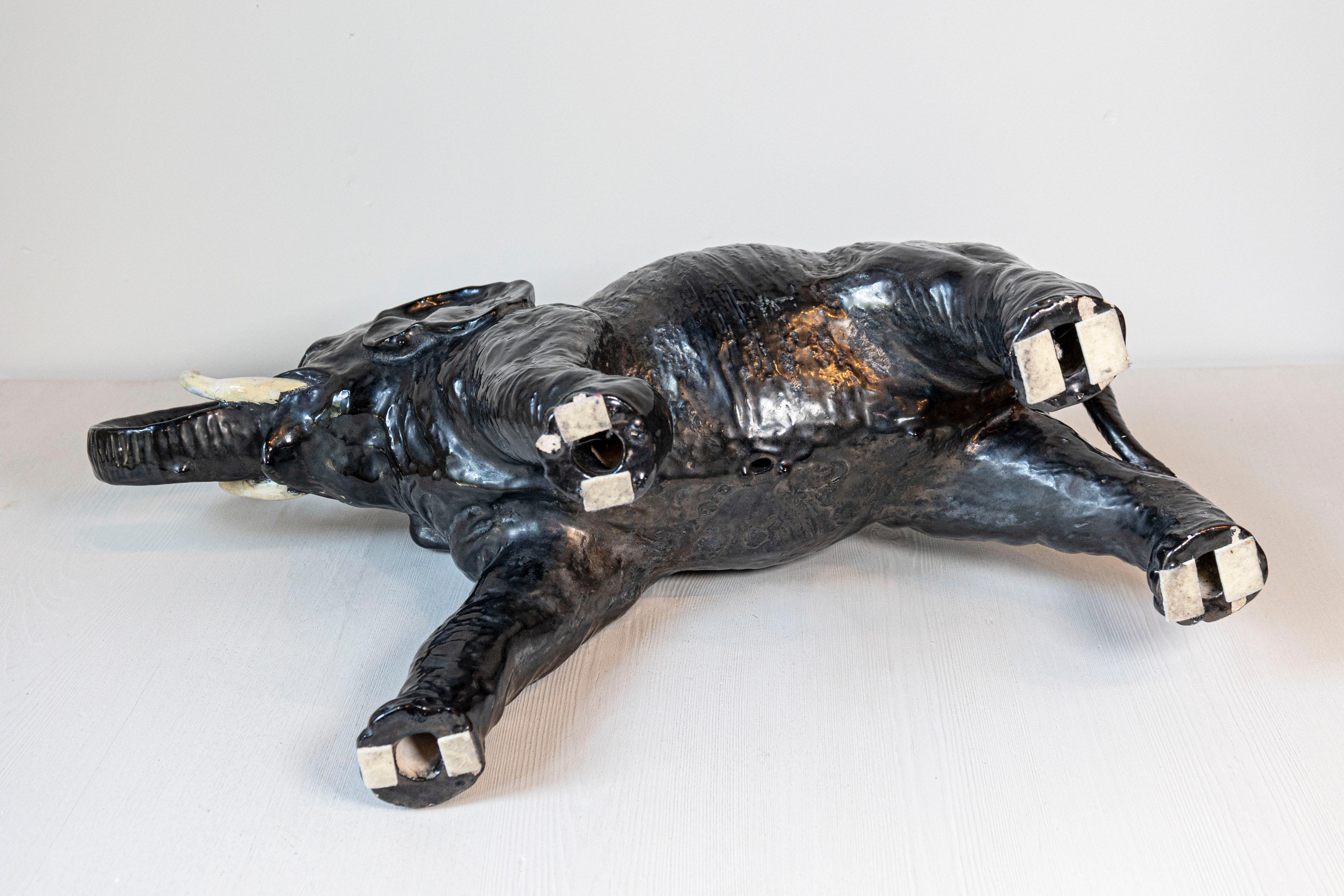 Vintage Italian Black Glazed Ceramic Sculpture of a Walking Elephant, Trunk Up For Sale 3
