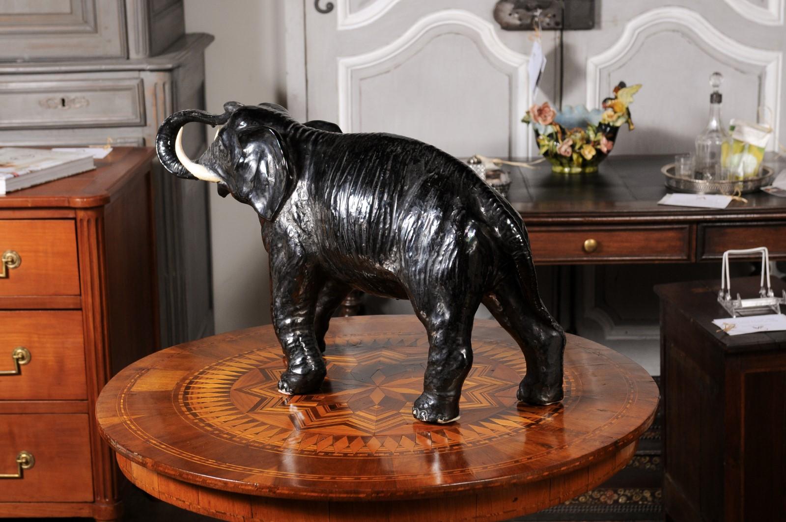 Vintage Italian Black Glazed Ceramic Sculpture of a Walking Elephant, Trunk Up For Sale 3