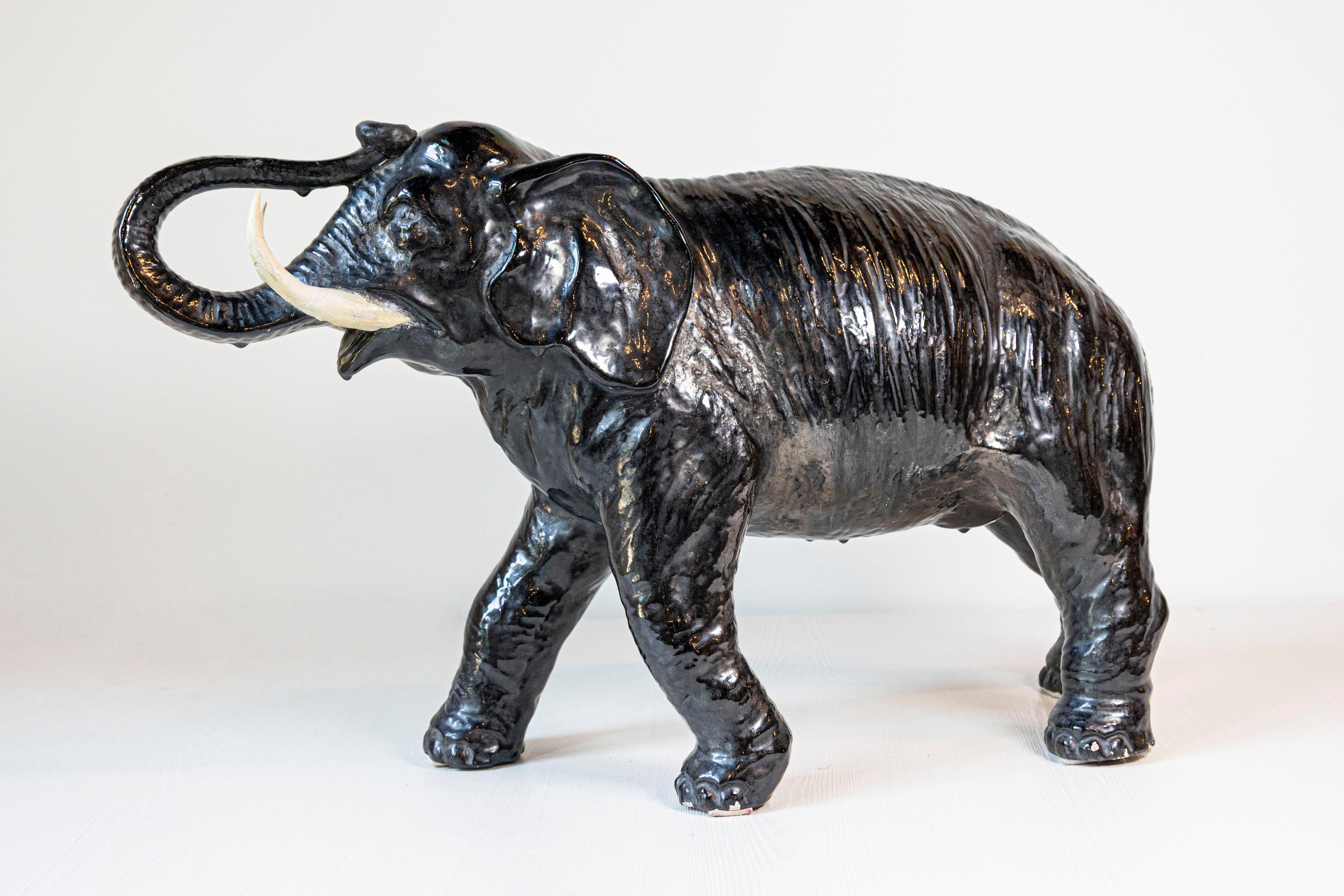 Vintage Italian Black Glazed Ceramic Sculpture of a Walking Elephant, Trunk Up For Sale 4