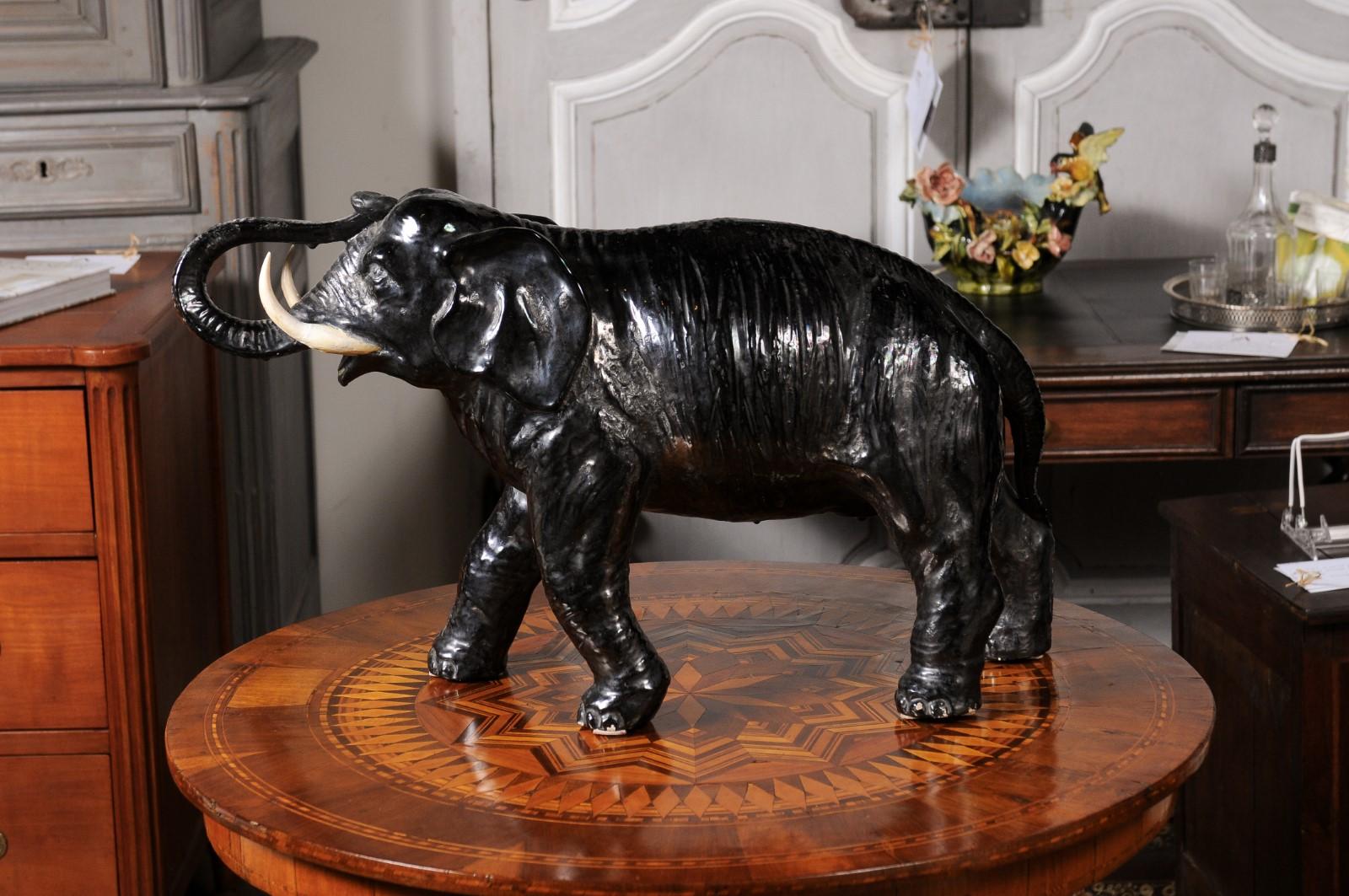 Vintage Italian Black Glazed Ceramic Sculpture of a Walking Elephant, Trunk Up For Sale 4
