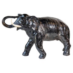 Vintage Italian Black Glazed Ceramic Sculpture of a Walking Elephant, Trunk Up