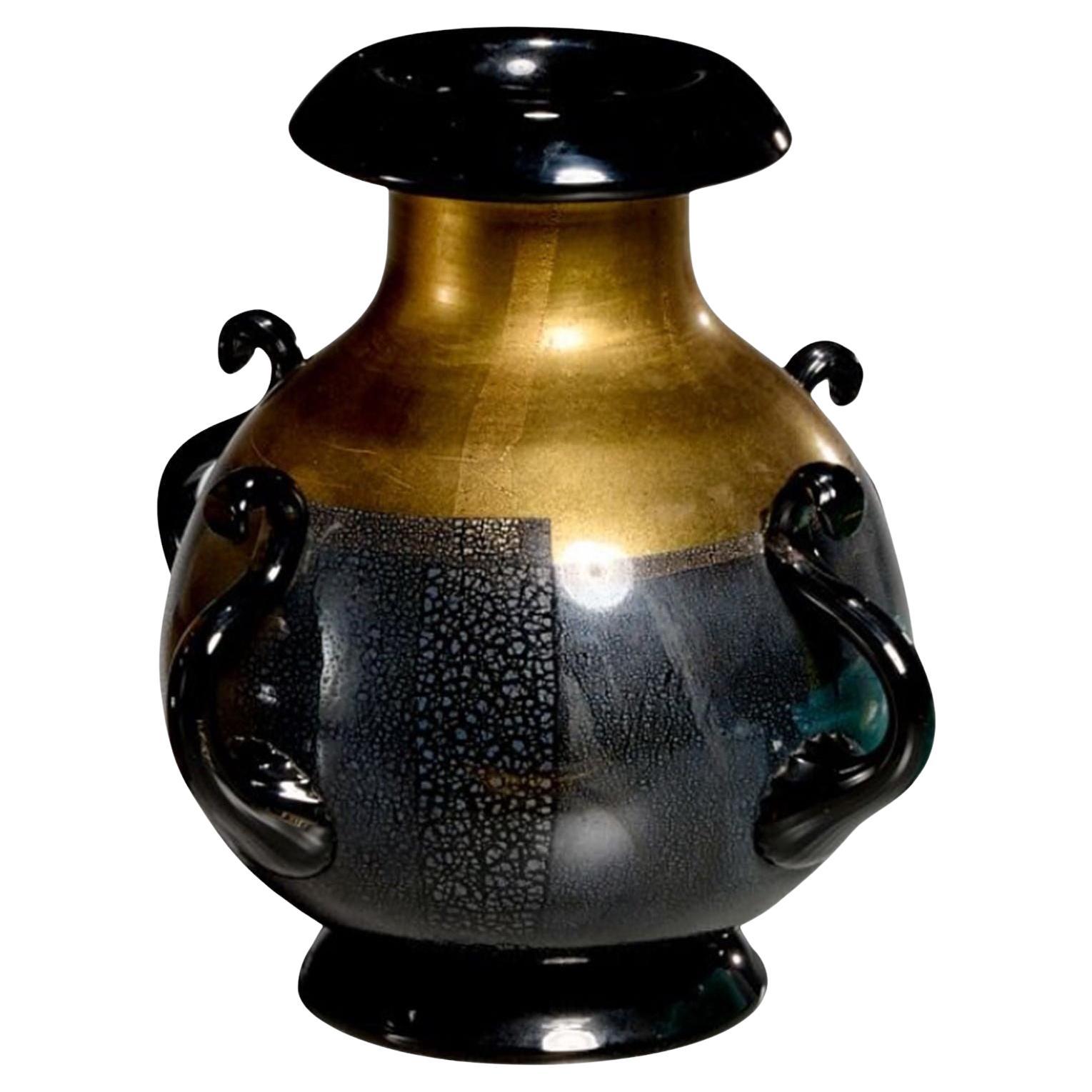 Vintage Italian Black & Gold Murano Glass Amphora Vase For Sale