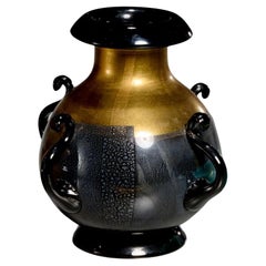 Used Italian Black & Gold Murano Glass Amphora Vase
