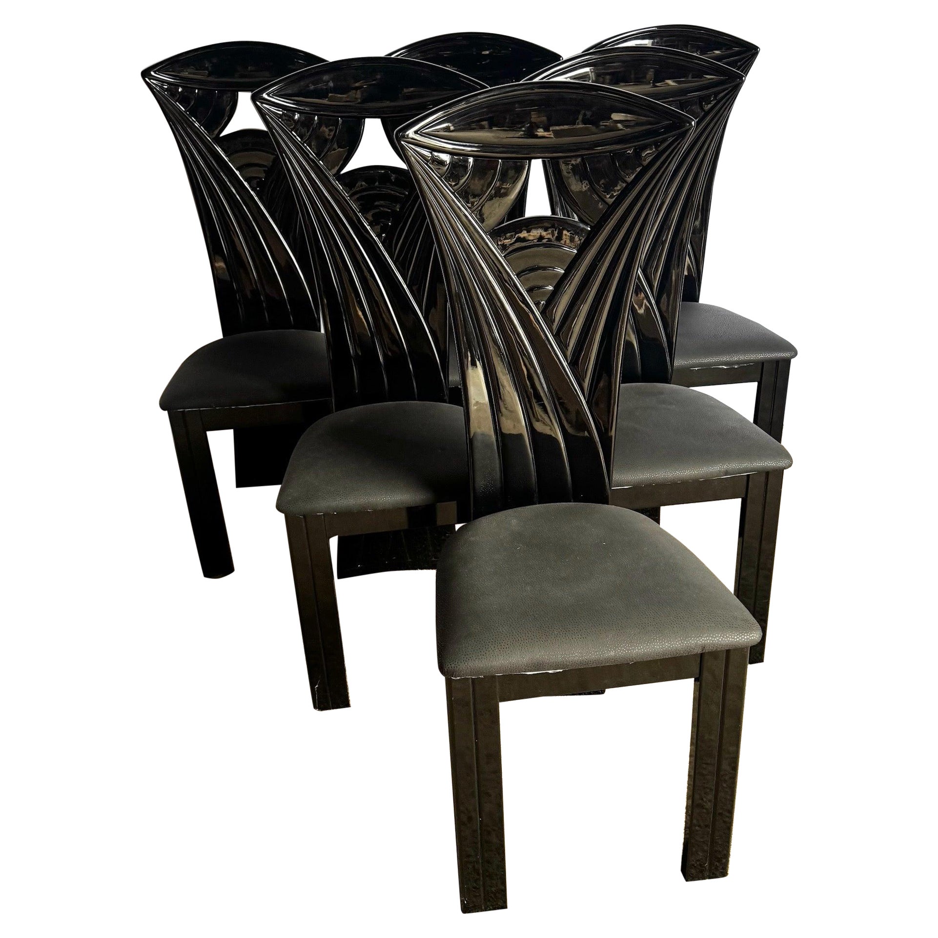 Vintage Italian Black Lacquered Sculpted High Back Dining Chairs - Set of 6