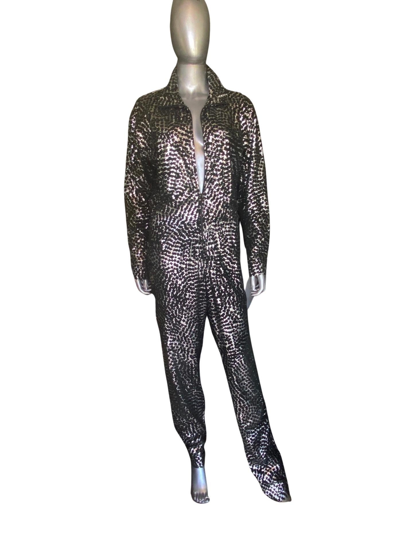 Vintage Italian Black Leather and Silver Metallic Glam Print Jumpsuit, Size 10 For Sale 2