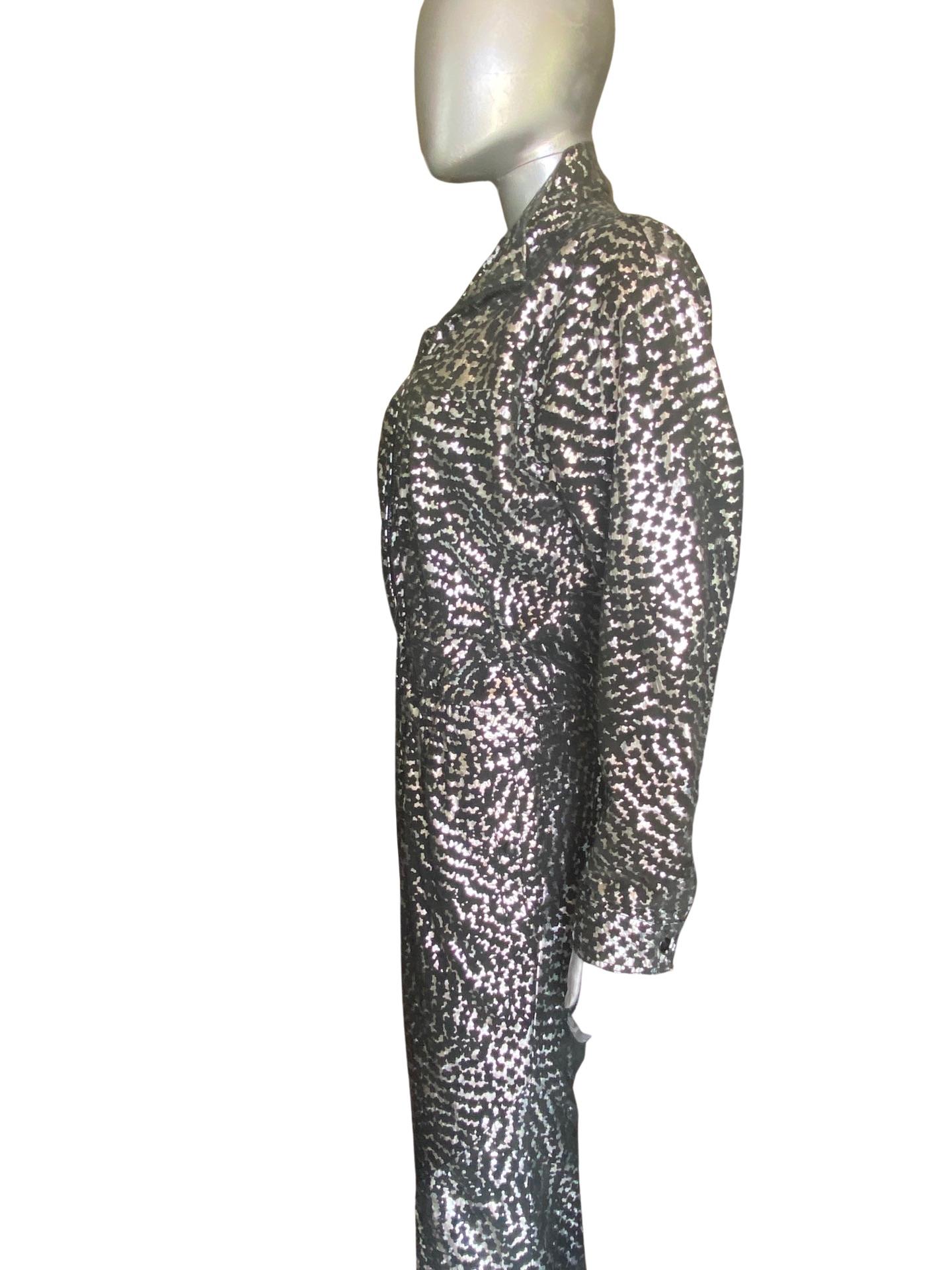 Vintage Italian Black Leather and Silver Metallic Glam Print Jumpsuit, Size 10 For Sale 3
