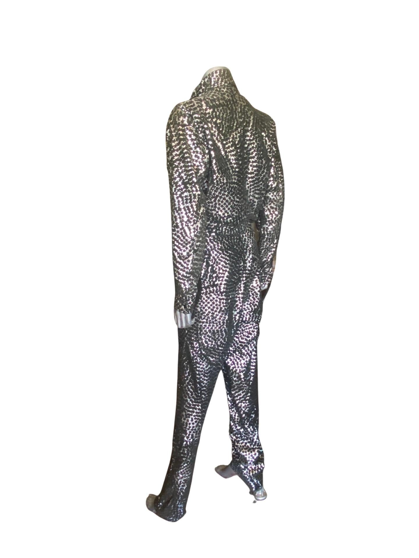 Vintage Italian Black Leather and Silver Metallic Glam Print Jumpsuit, Size 10 For Sale 4