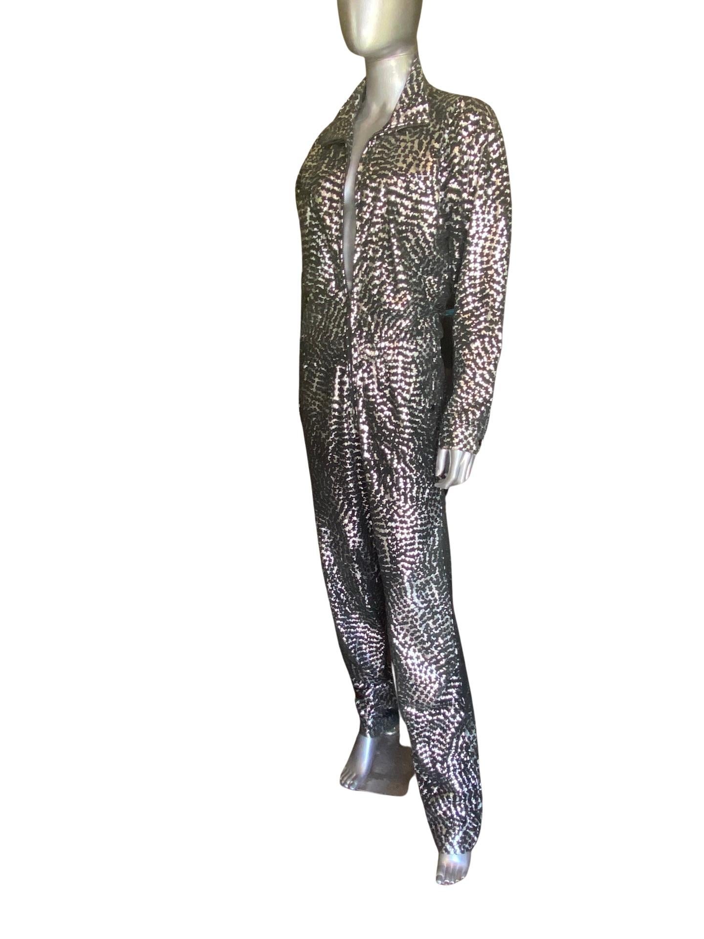 Vintage Italian Black Leather and Silver Metallic Glam Print Jumpsuit, Size 10 5