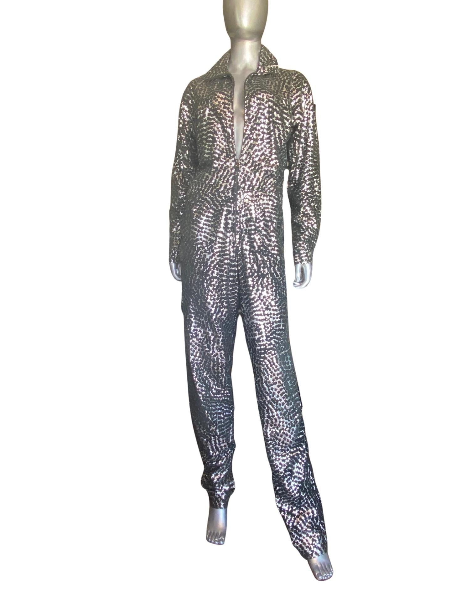 Gray Vintage Italian Black Leather and Silver Metallic Glam Print Jumpsuit, Size 10 For Sale