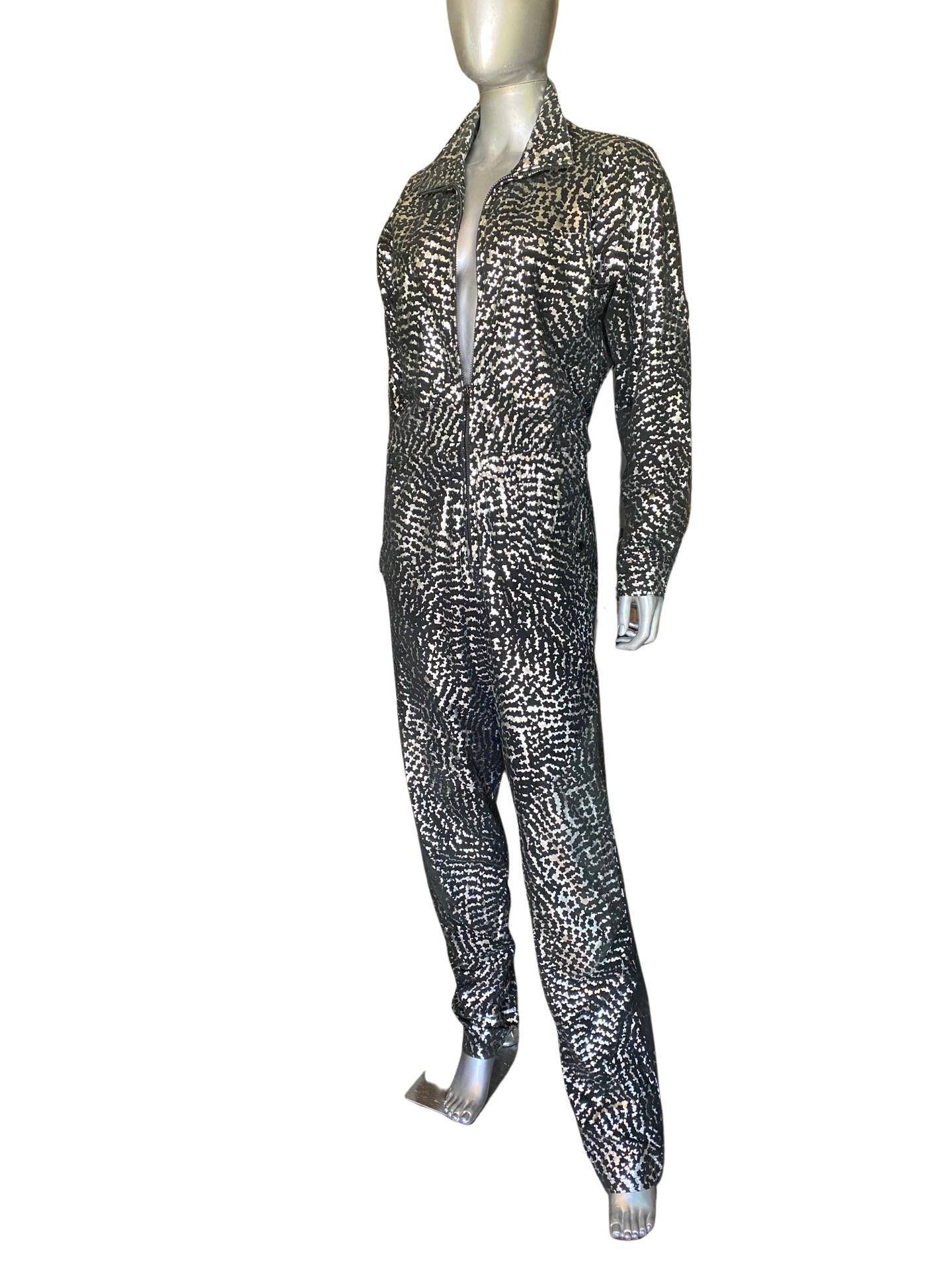 Vintage Italian Black Leather and Silver Metallic Glam Print Jumpsuit, Size 10 In Good Condition In Palm Springs, CA