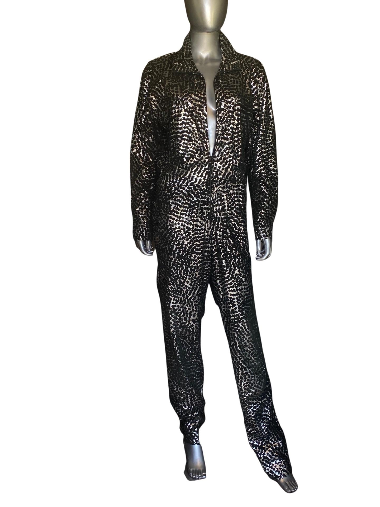 Women's or Men's Vintage Italian Black Leather and Silver Metallic Glam Print Jumpsuit, Size 10 For Sale