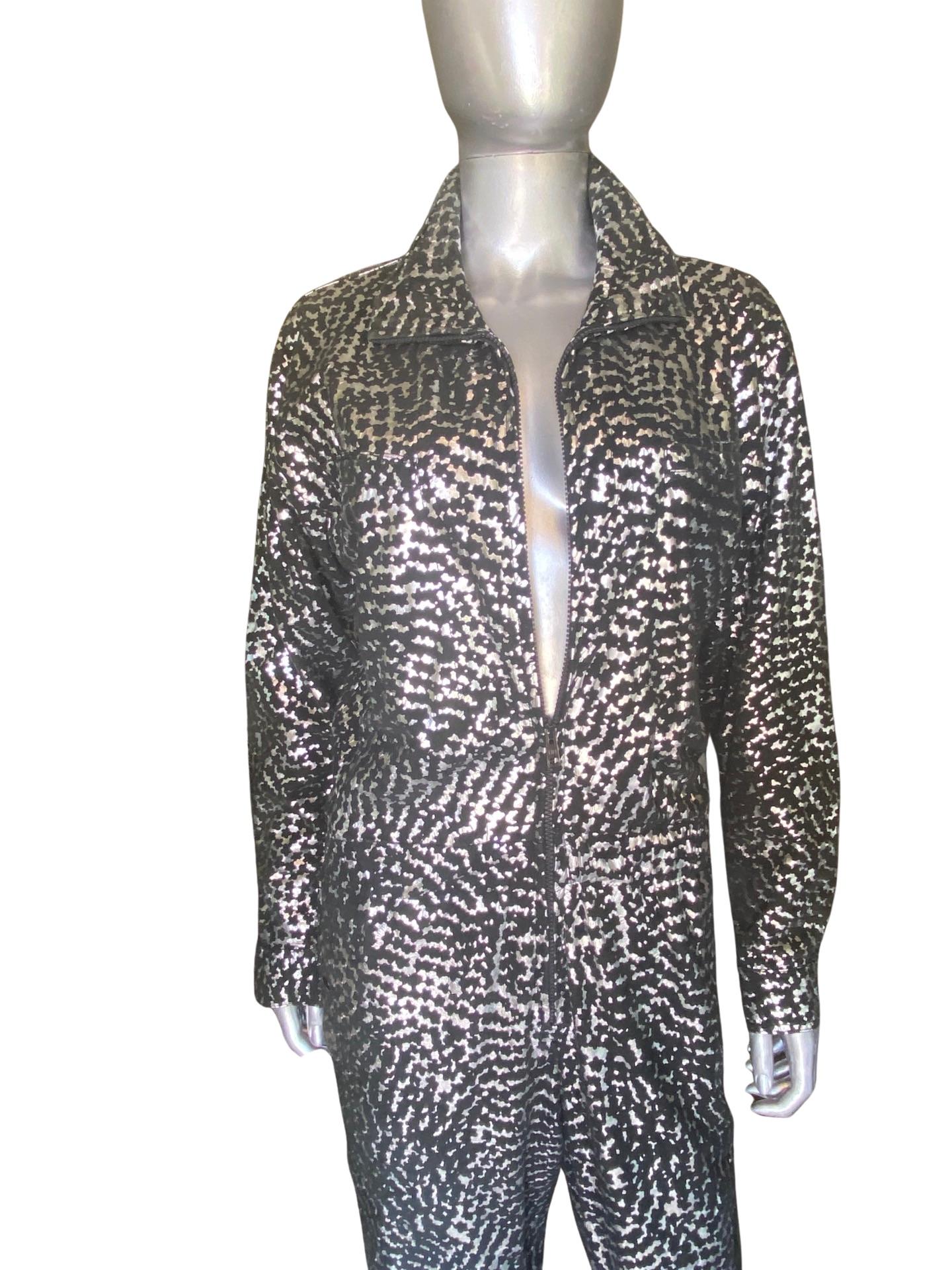 Vintage Italian Black Leather and Silver Metallic Glam Print Jumpsuit, Size 10 For Sale 1