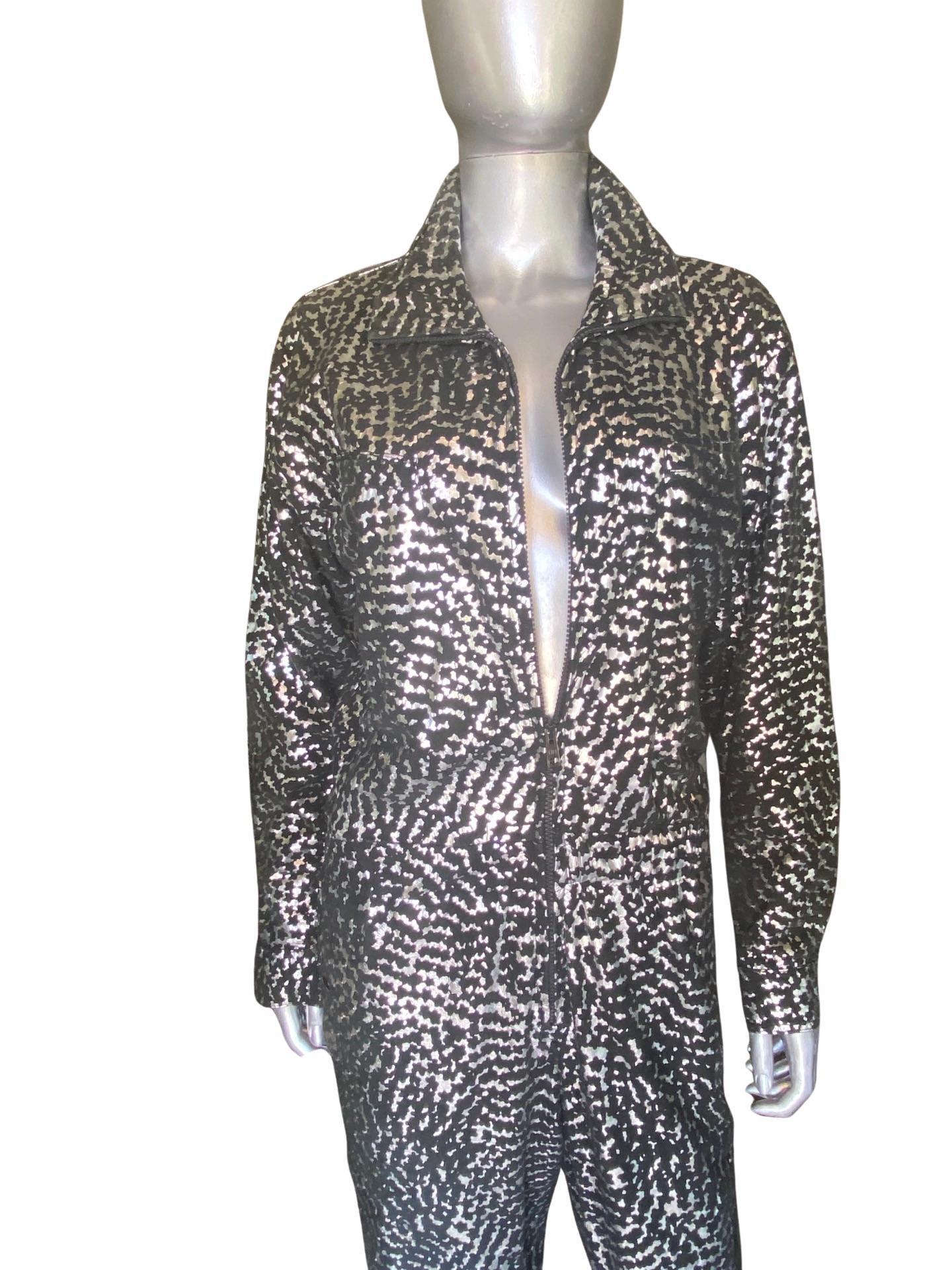 Vintage Italian Black Leather and Silver Metallic Glam Print Jumpsuit, Size 10 1