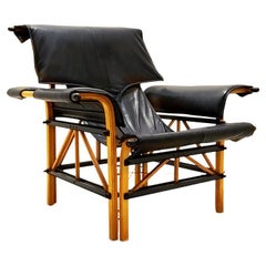Vintage Italian Black Leather and Wood Lounge Chair