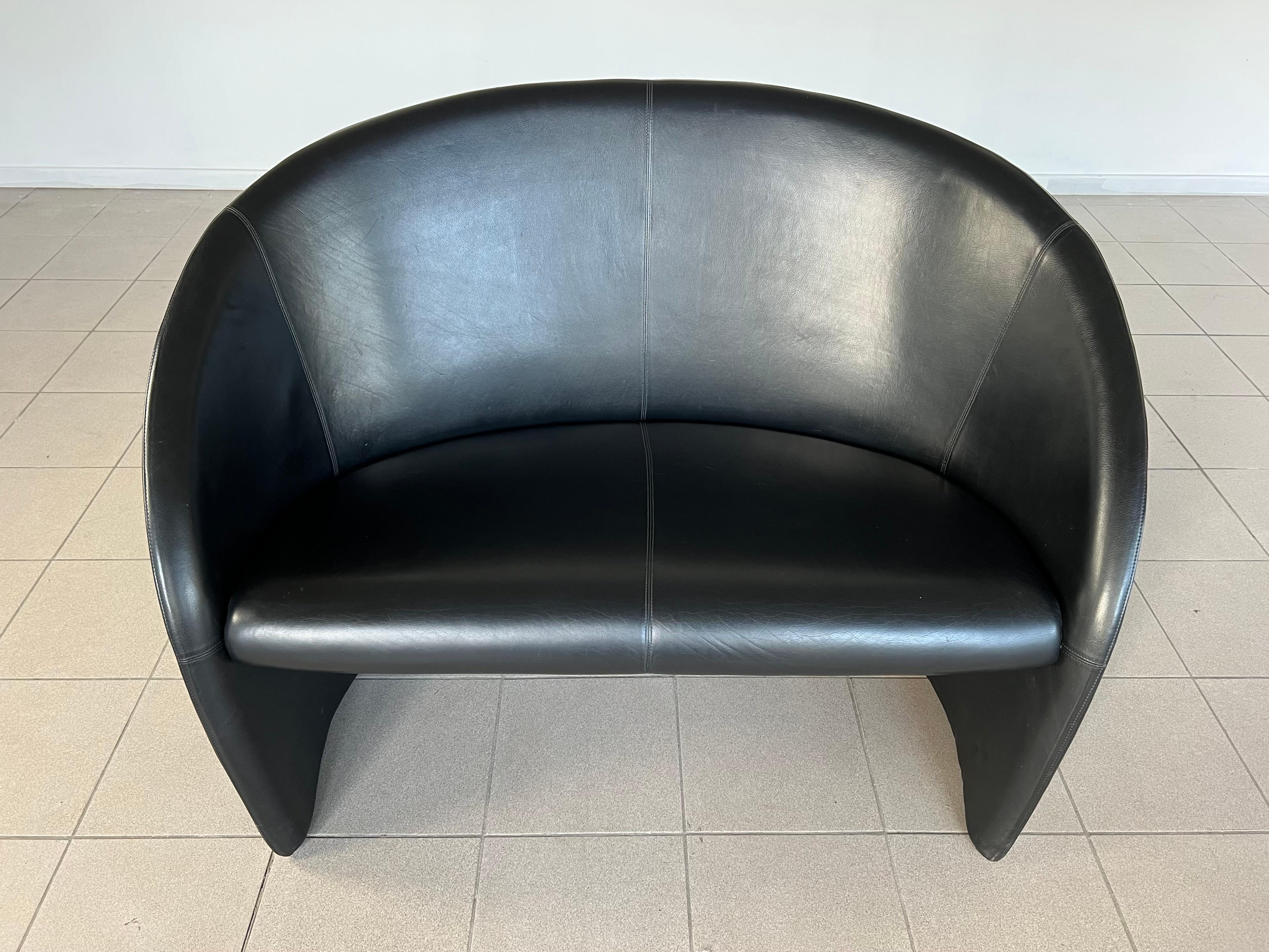 Modern Vintage Italian Black Leather Designer Sofa Attributed to Paolo Piva