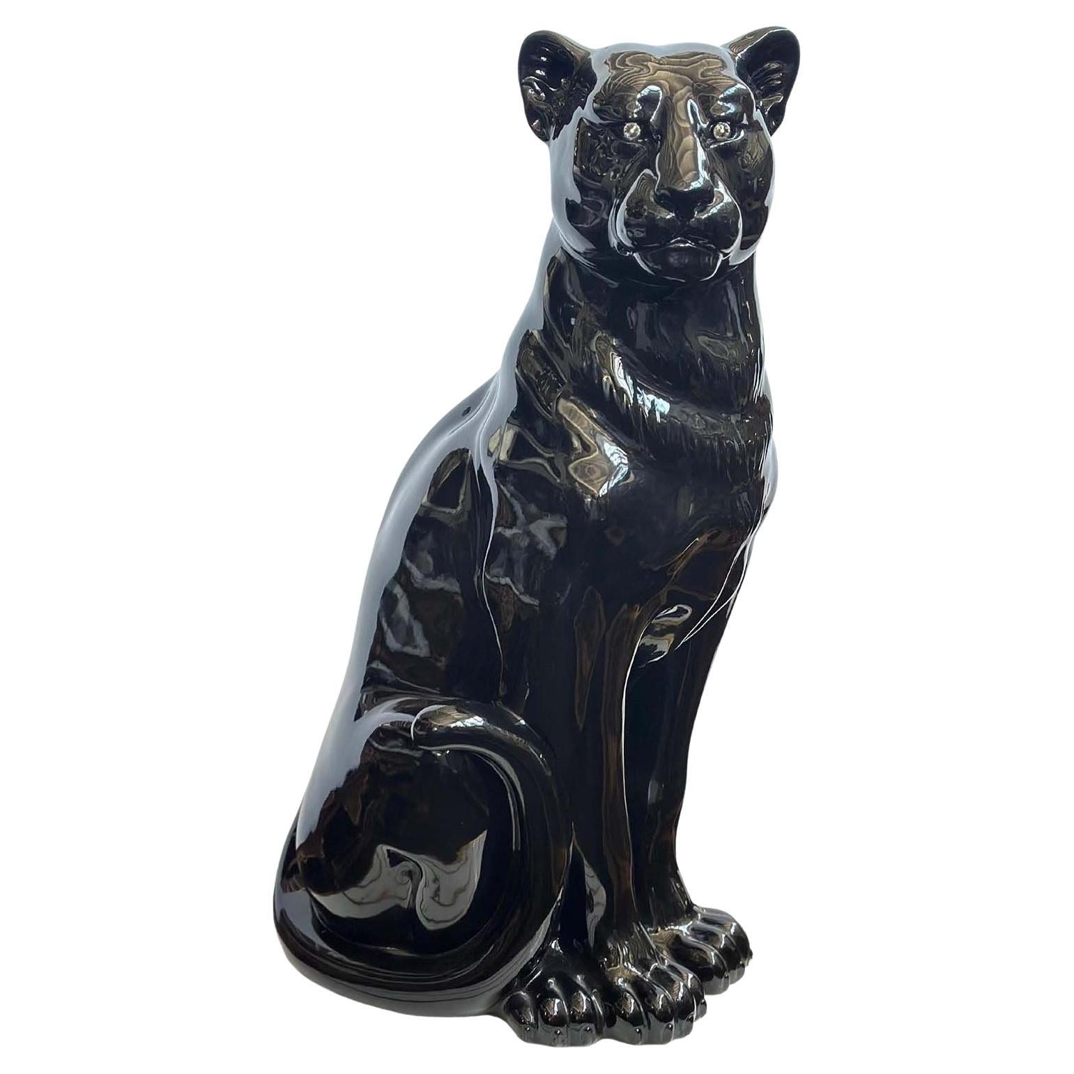 Vintage Italian Black Panther Ceramic Sculpture w/ Swarovski Crystals, c. 1980's For Sale