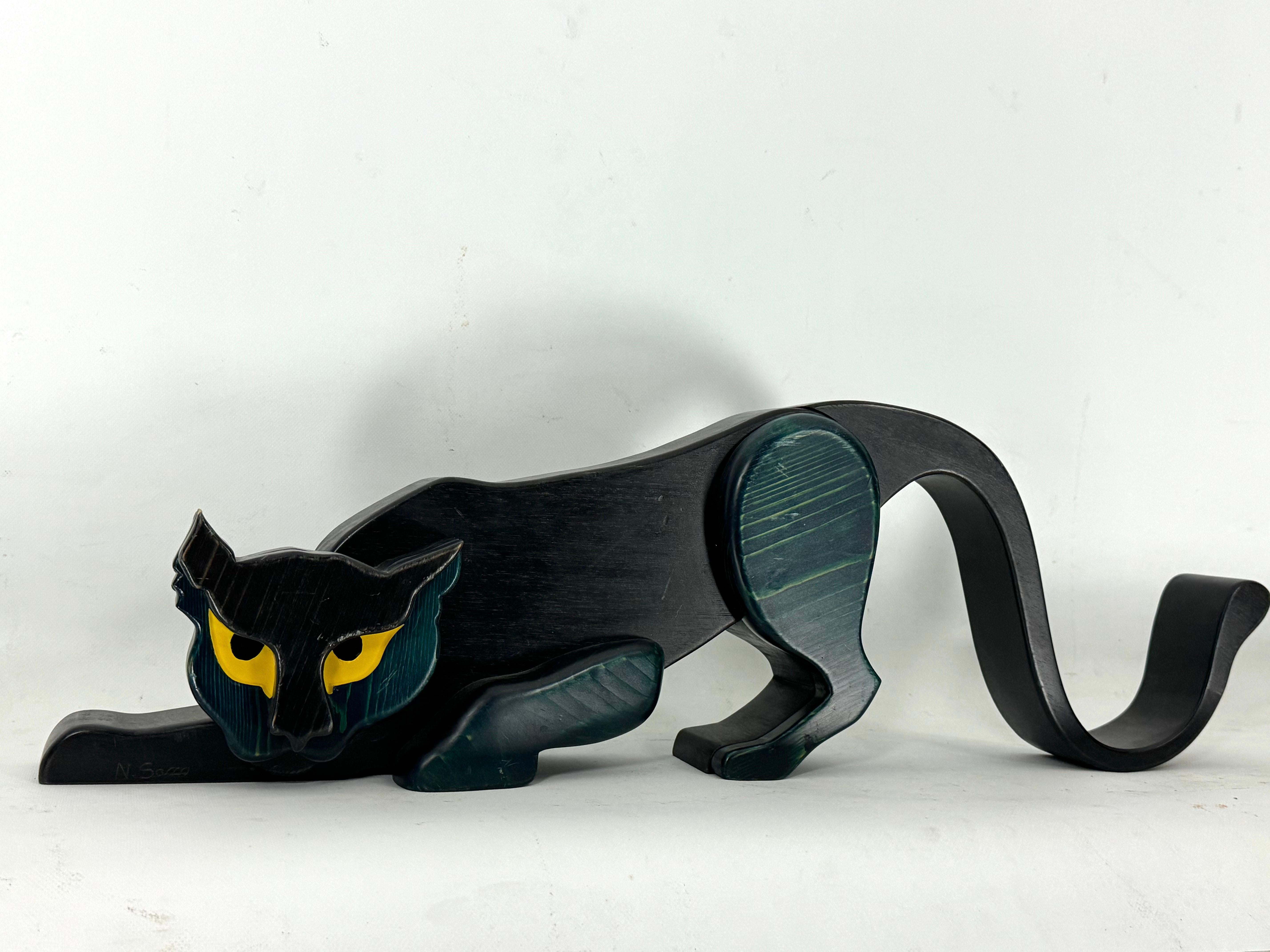 Mid-Century Modern Vintage Italian black panther sculpture in thick wood. Italy 1980s For Sale