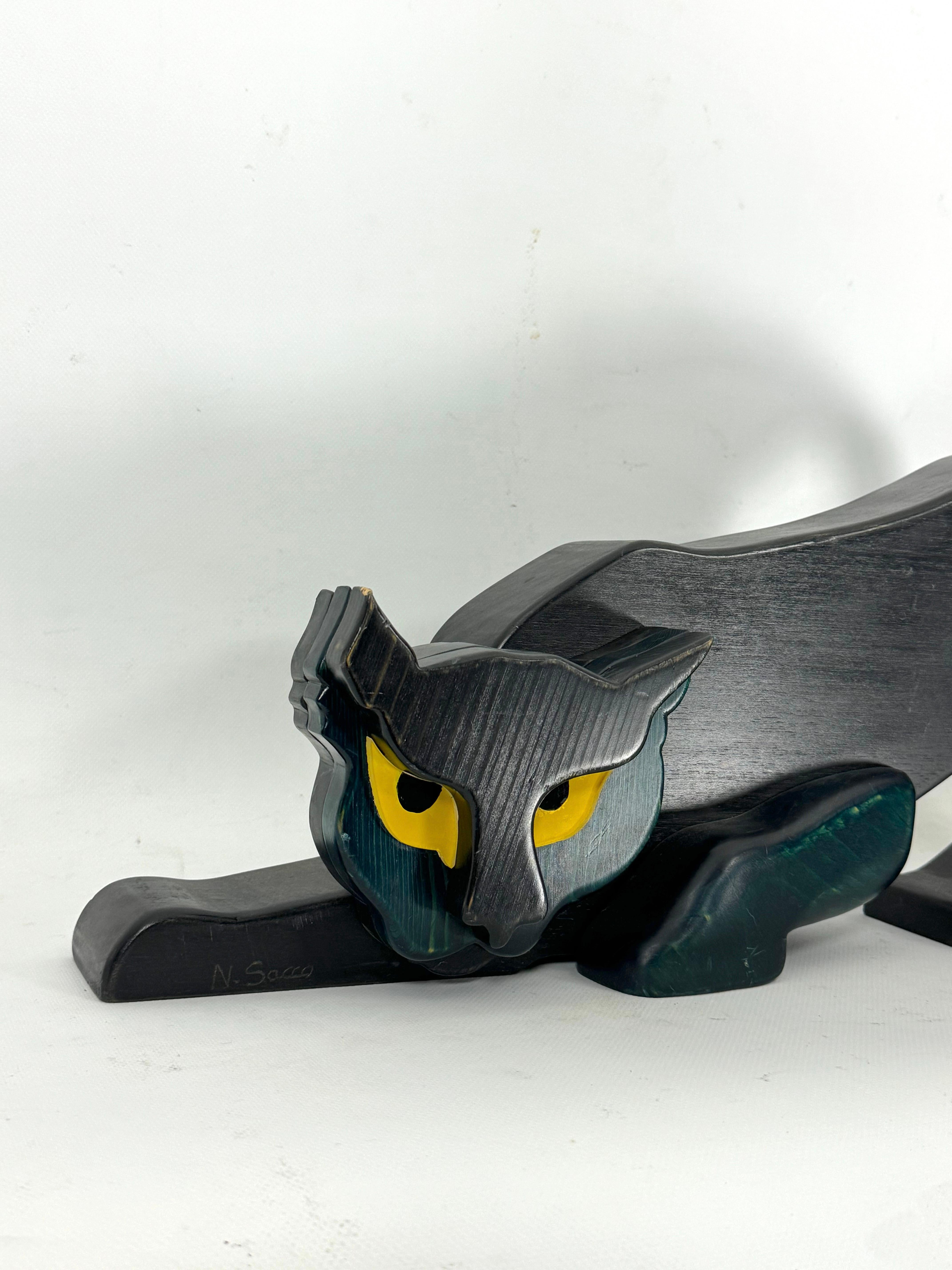 Wood Vintage Italian black panther sculpture in thick wood. Italy 1980s For Sale