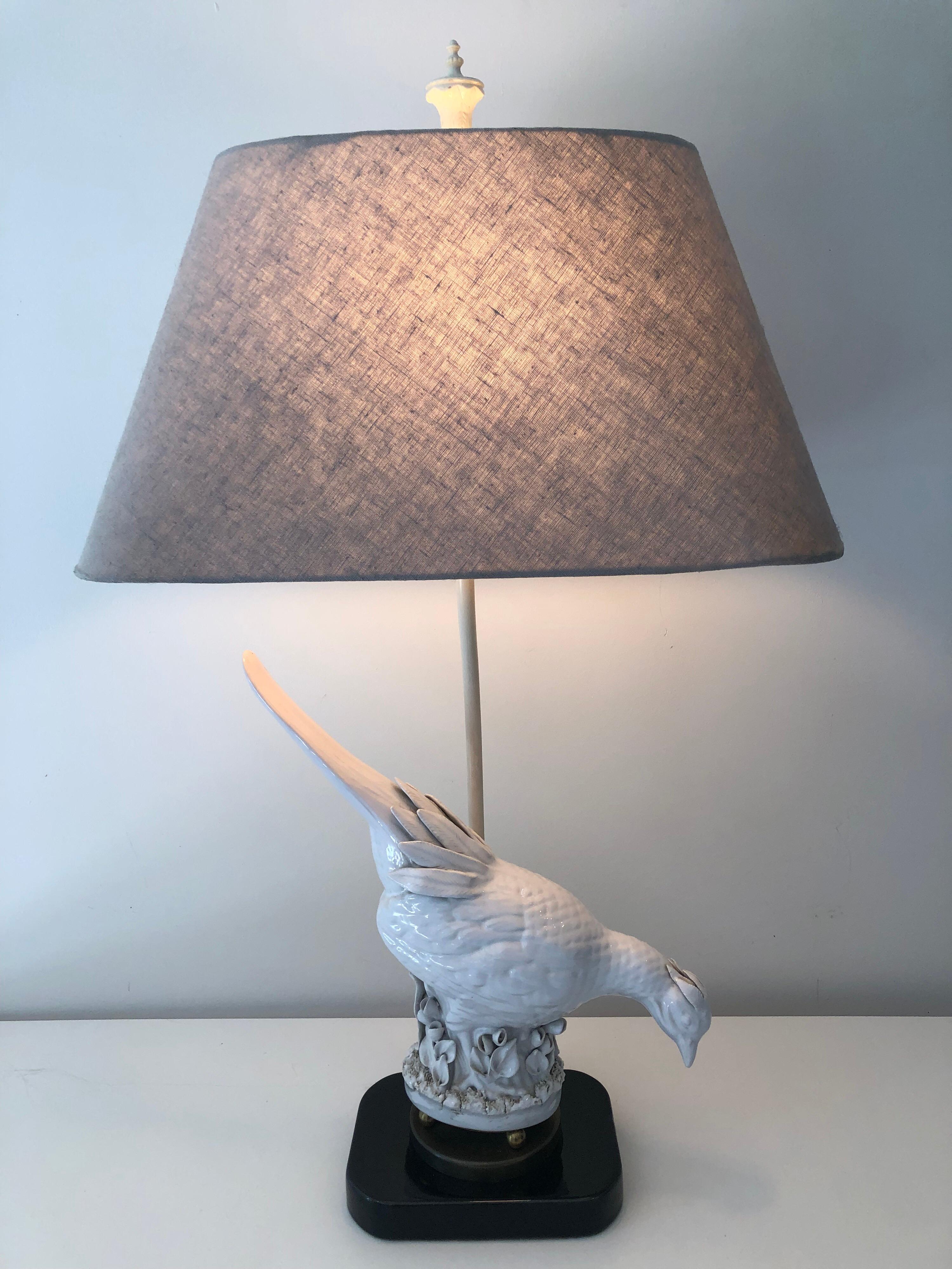 A vintage Italian Blanc de Chine Pheasant table lamp. Mounted on black glazed porcelain base. Shade for display purposes only.
