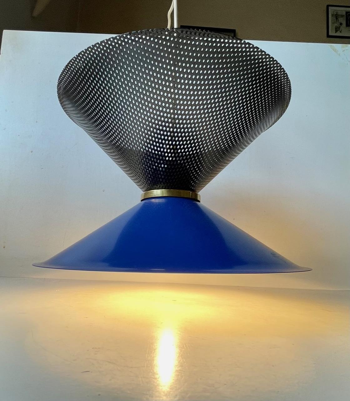 Diablo - hourglass shaped hanging light with center brass disc. The bottom shade in made from blue enameled aluminium and the top from piercet steel. Anonymous Italian maker/design - circa 1970-80. In the Style of Stilnovo and Svend Aage