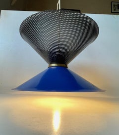 Vintage Italian Blue Diablo Pendant Ceiling Lamp with Brass Disc, 1970s