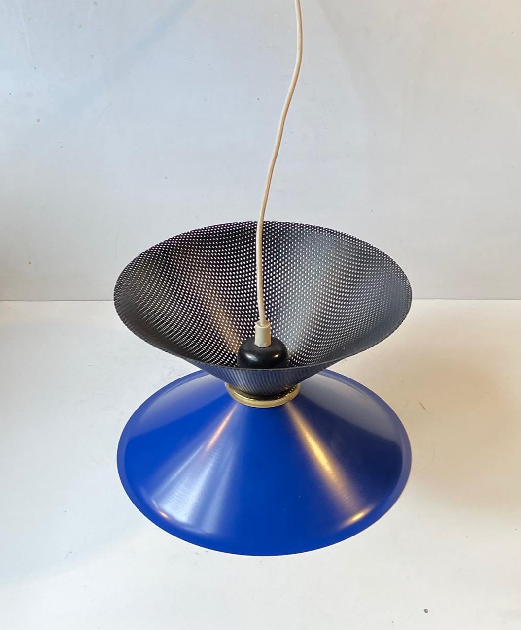 Modern Vintage Italian Blue Diablo Pendant Ceiling Lamp with Brass Disc, 1970s For Sale