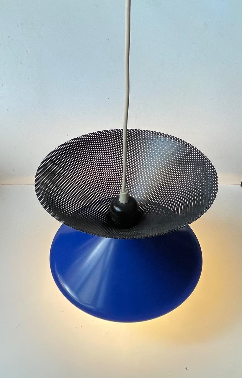 Aluminum Vintage Italian Blue Diablo Pendant Ceiling Lamp with Brass Disc, 1970s For Sale