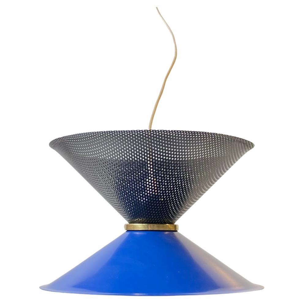 Vintage Italian Blue Diablo Pendant Ceiling Lamp with Brass Disc, 1970s For Sale