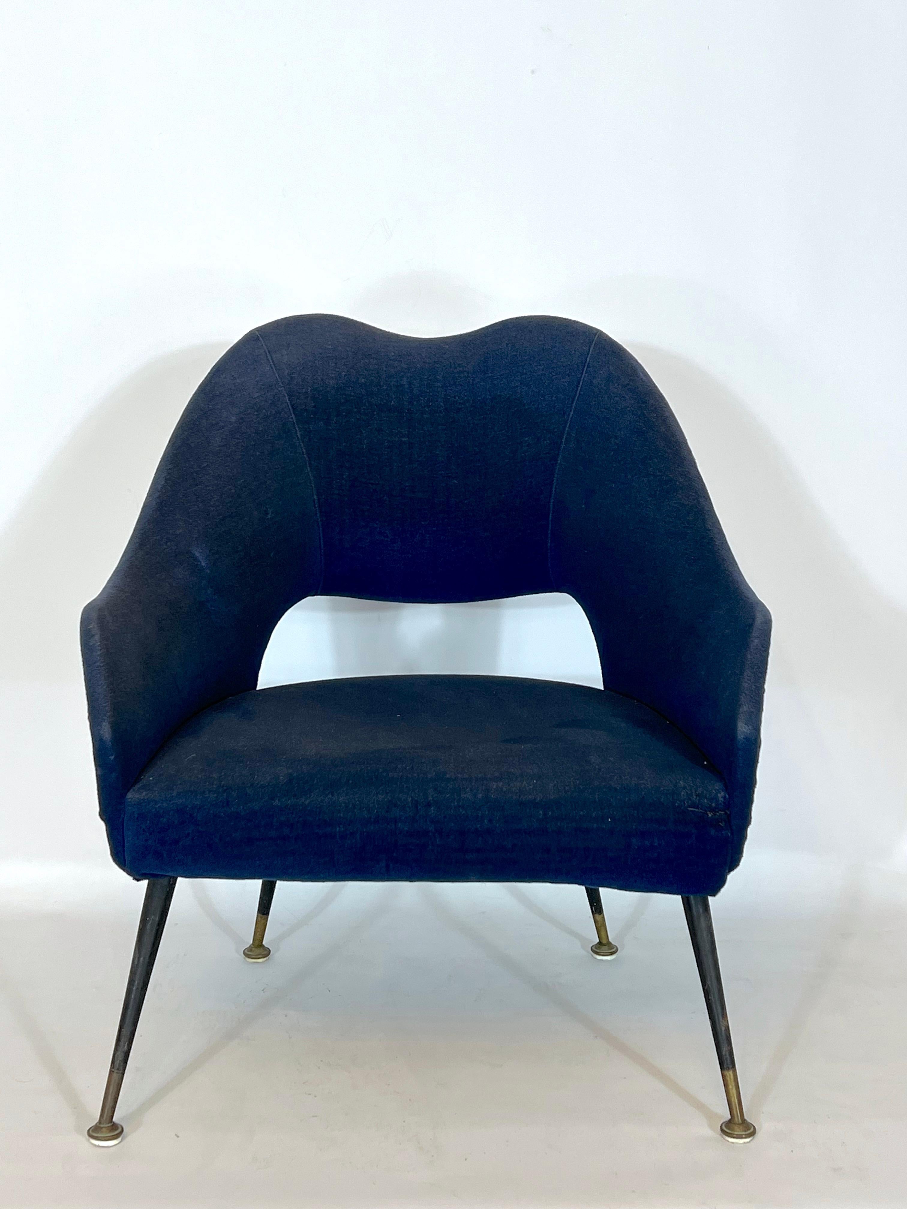 Vintage Italian Blue Fabric and Brass Armchair from 50s For Sale 5