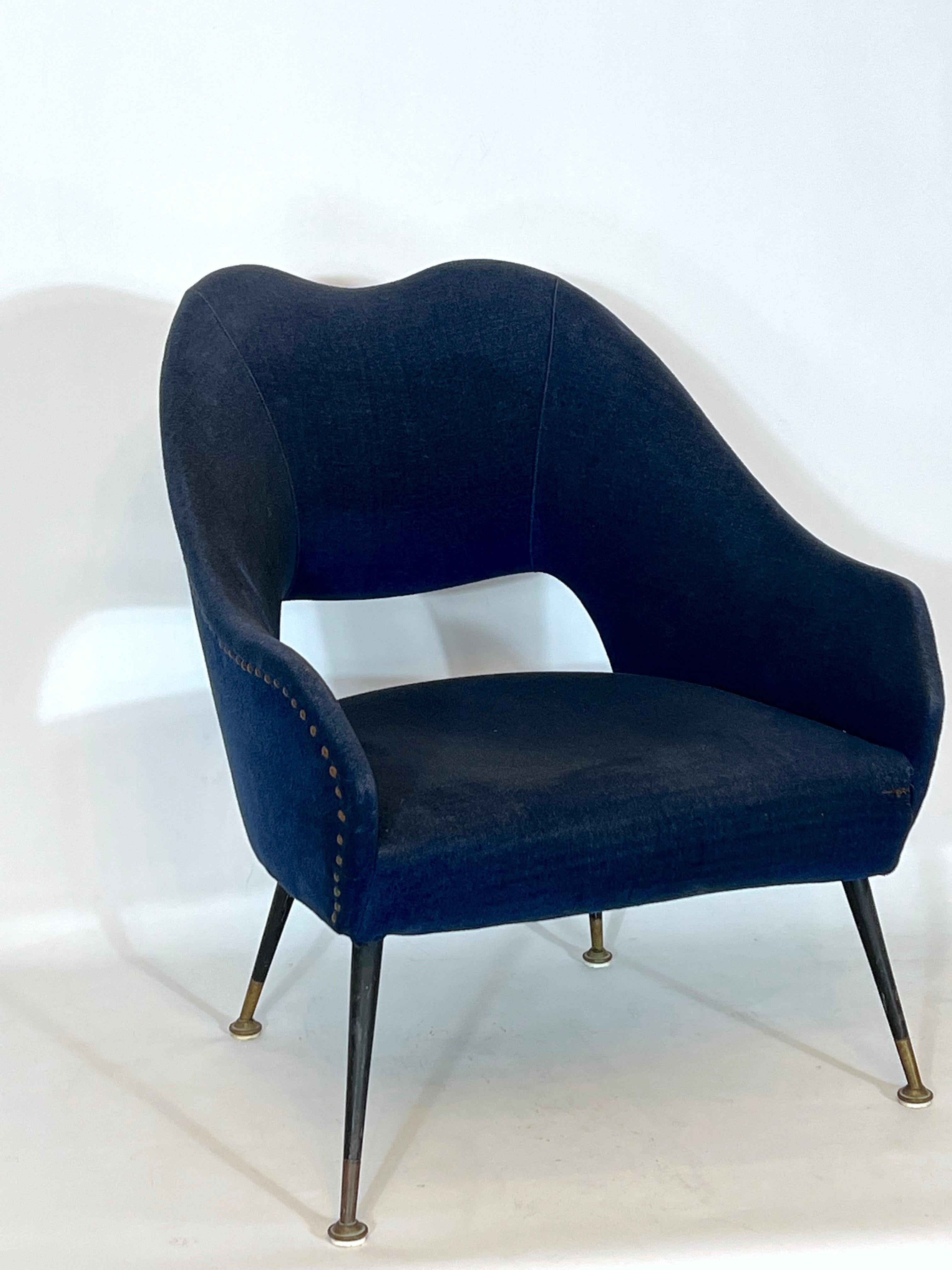 Mid-Century Modern Vintage Italian Blue Fabric and Brass Armchair from 50s For Sale