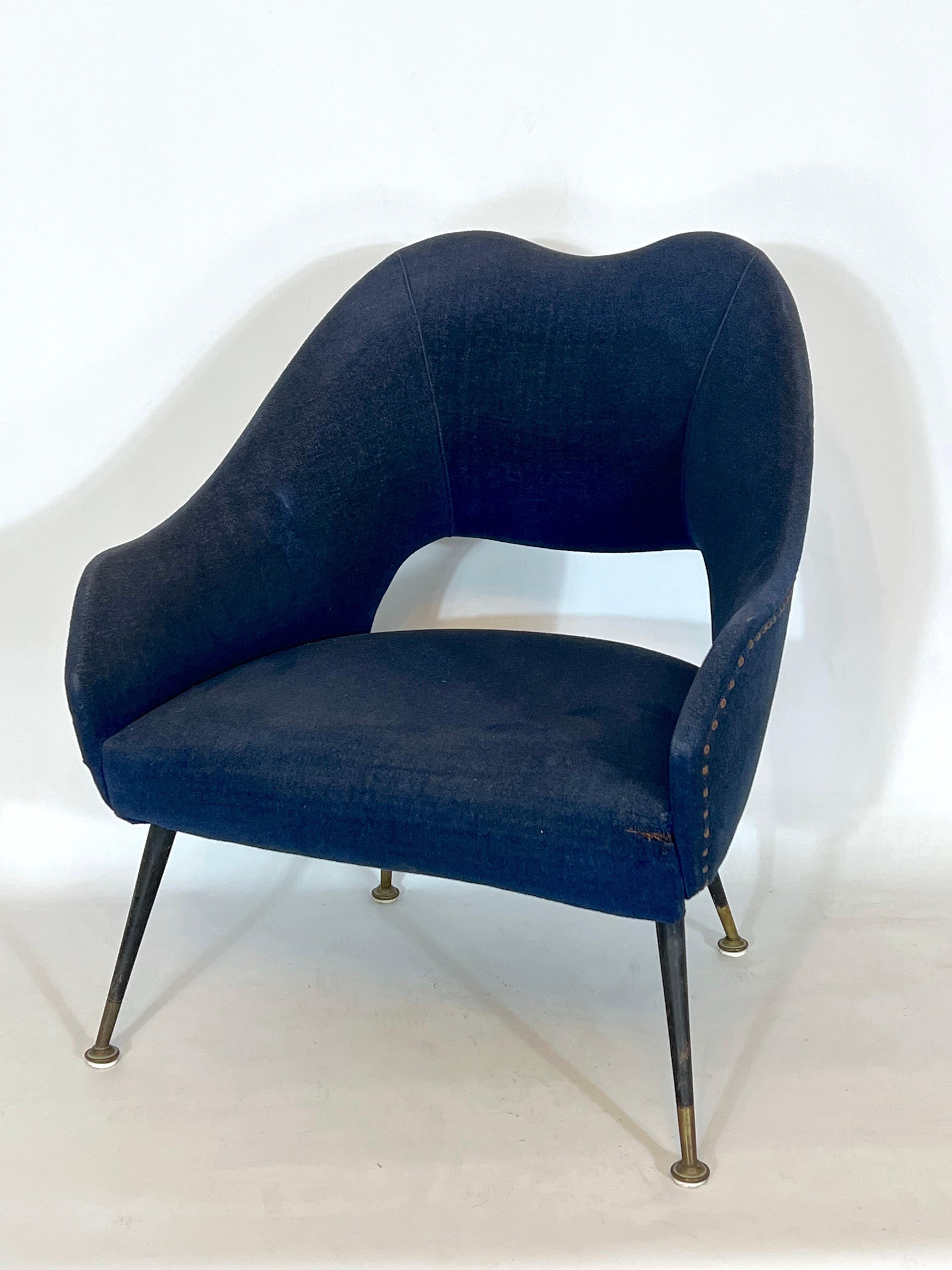 20th Century Vintage Italian Blue Fabric and Brass Armchair from 50s For Sale