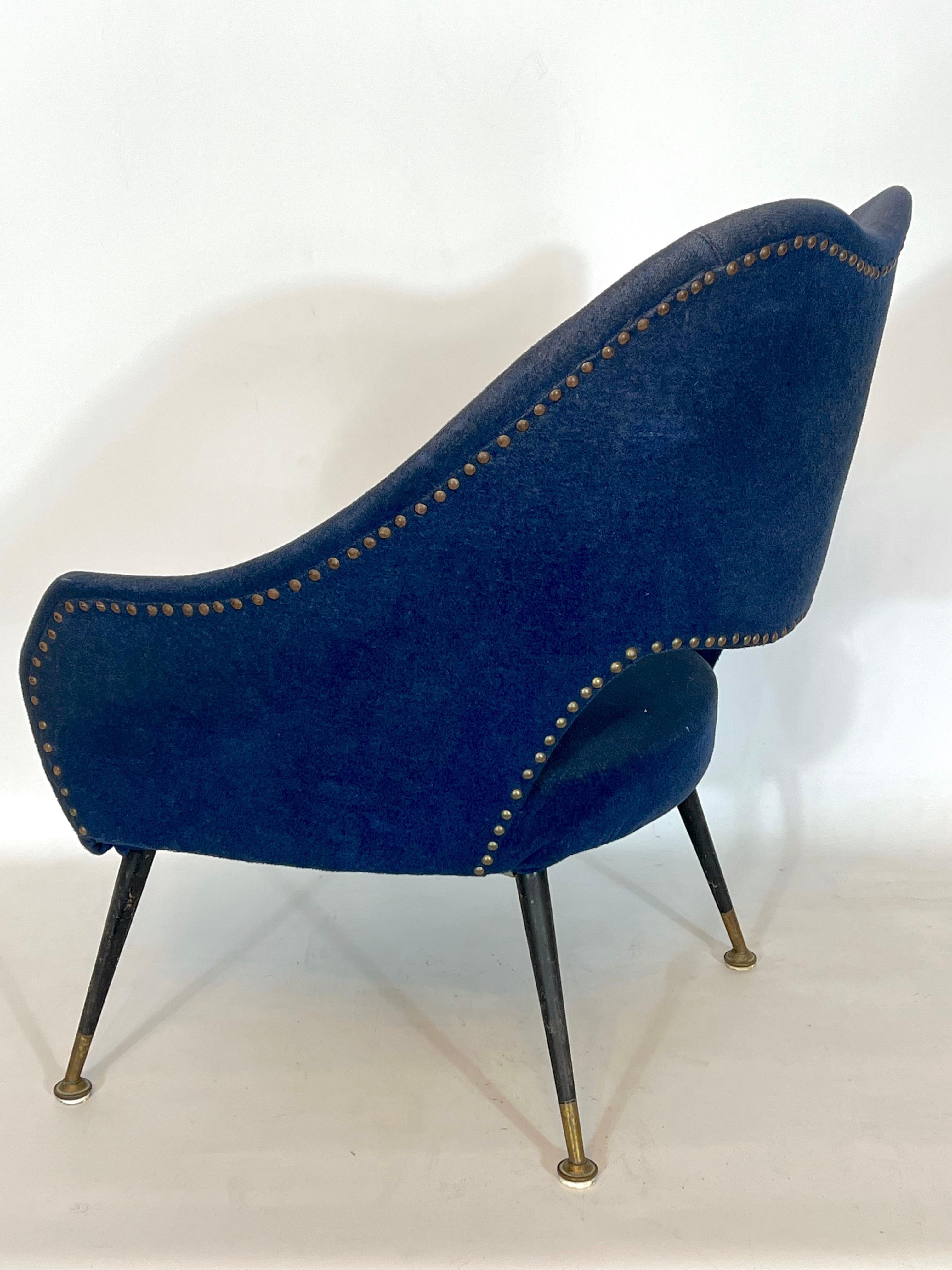 Vintage Italian Blue Fabric and Brass Armchair from 50s For Sale 2